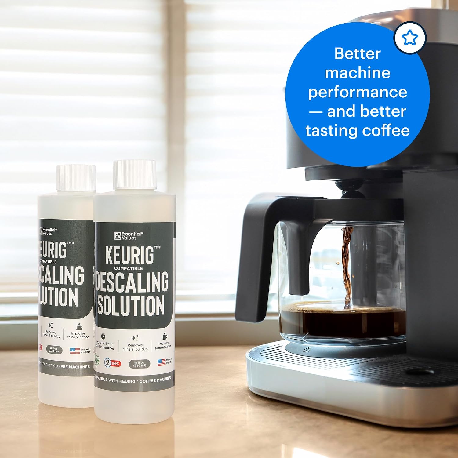 Essential Values Universal Descaling Solution, Made in the USA for Delonghi, Keurig, Breville,Nespresso (2 Uses) Coffee Machine Descaler Cleaner for all Automatic Coffee Makers & Espresso Machines