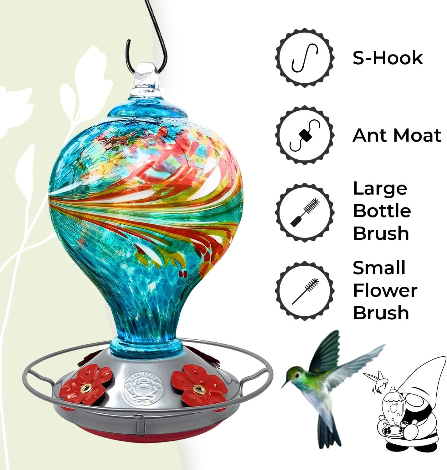 Hummingbird Feeder by Grateful Gnome - Large Hand Blown Stained Glass Feeder for Garden, Patio, Outdoors, Window with Accessories S-Hook, Ant Moat