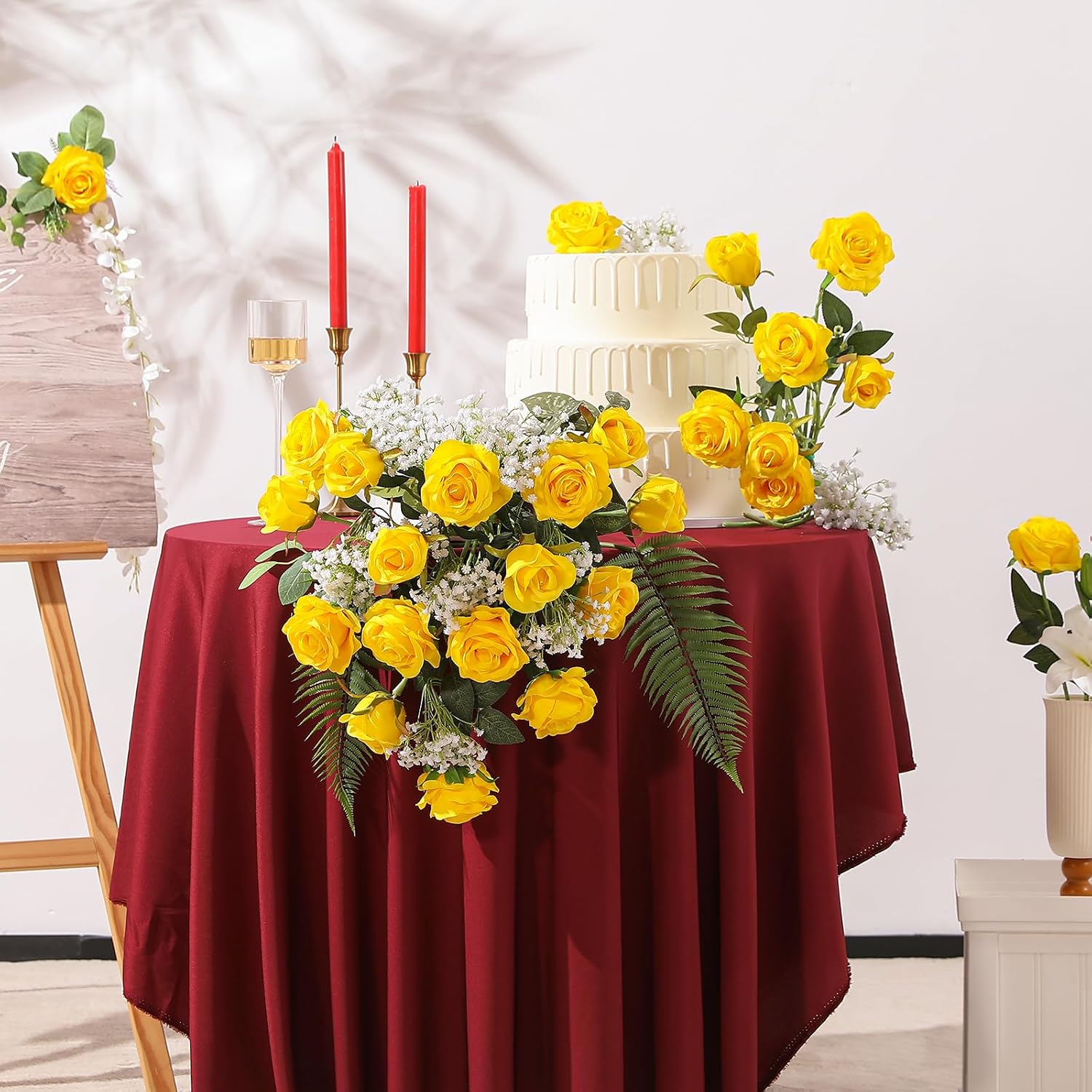 Hawesome 12PCS Artificial Silk Flowers Realistic Roses Bouquet Long Stem for Home Wedding Decoration Party (Yellow, 6 Flowers 6 Buds)