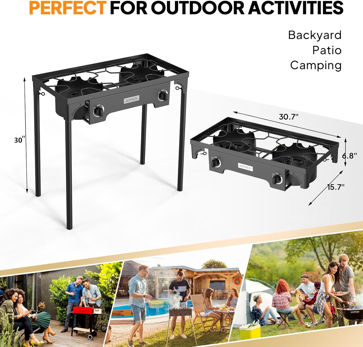 ROVSUN 2 Burner Outdoor Propane Gas Stove with Adjustable Regulator, 150,000 BTU High Pressure Stand Cooker for Backyard Cooking Camping Home Brewing Canning Turkey Frying