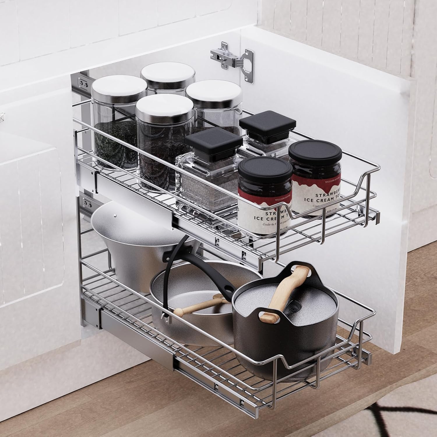 2 Tier Pull Out Cabinet Organizer 11" W X 22" D, Chromed, Full Slide Out