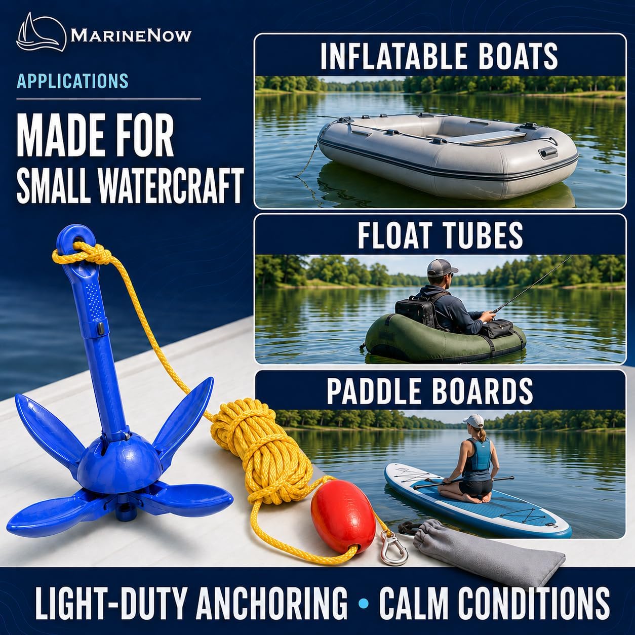 1/2 lb Aluminum Folding Grapnel Anchor Kit with 15 ft Marine-Grade Rope, Float, Snap Hook & Padded Bag for Inflatable Boats, Canoes, & Float Tubes
