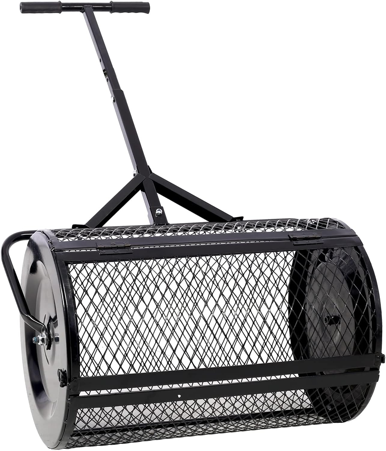 Compost Spreader - 24'' Peat Moss Spreader Manure Spreaders Roller with Adjustable T Shaped Handle Lightweight Metal Mesh Spreader for Lawn Garden Spreading Manure Topsoil, Black 0.5" x 1" Open Slits