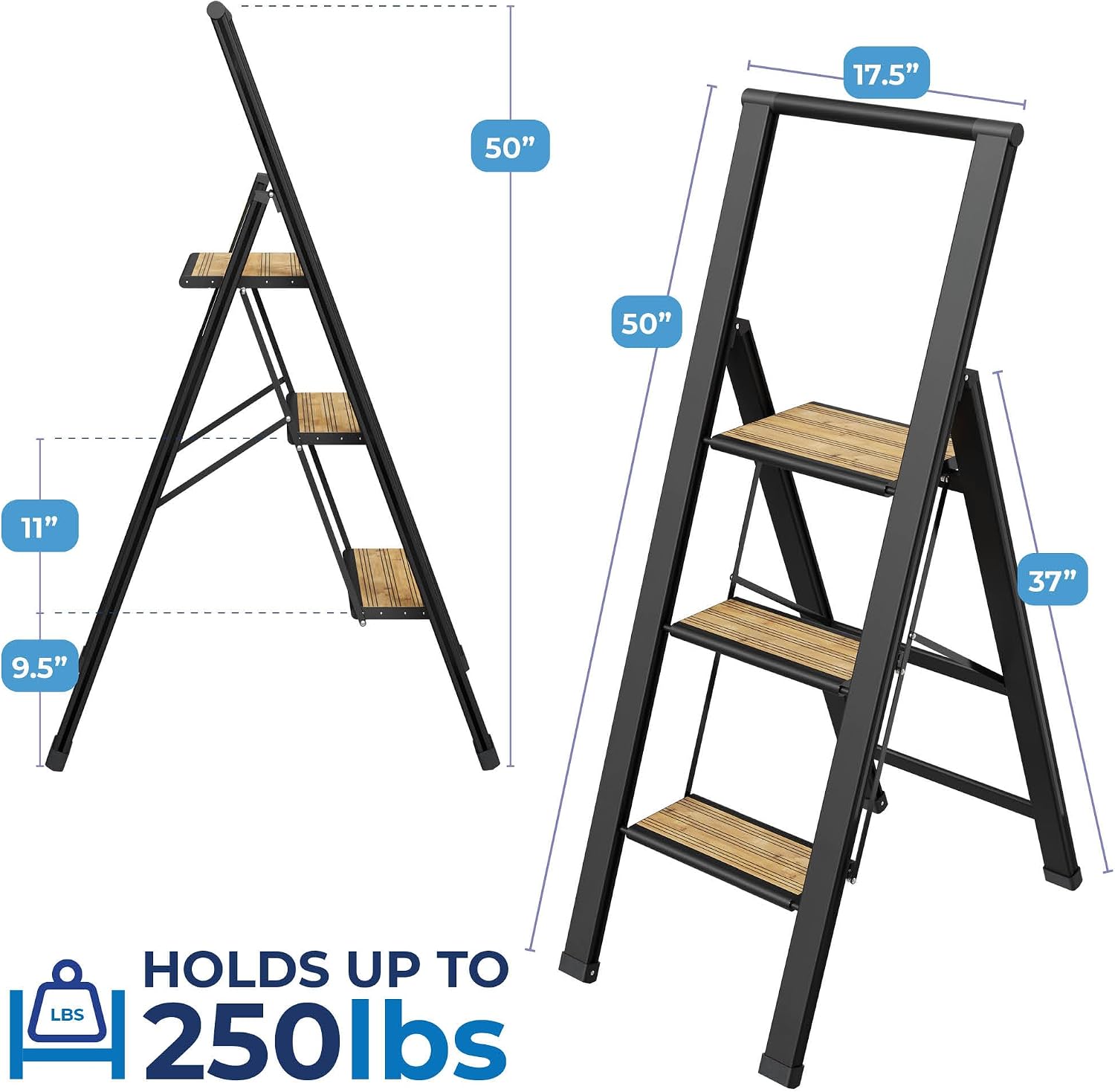Step Ladder 2 Step Folding, Decorative - Beautiful Bamboo & Silver Aluminum, Ultra Slim Profile, Anti Slip Steps, Sturdy-Portable for Home, Office