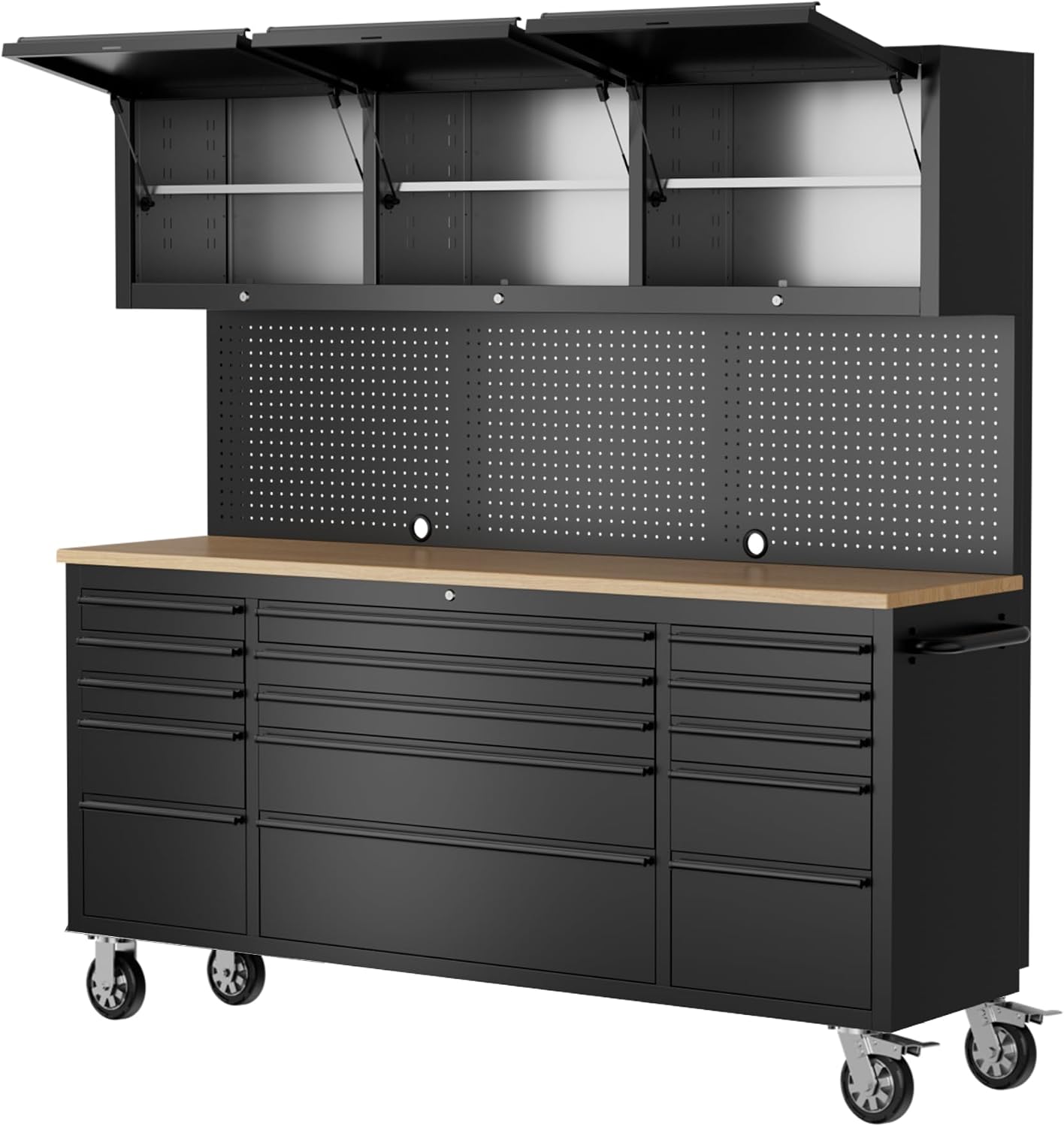 72-inch Tool Chest Cabinet Rolling Garage Workbench with 15 Storage Drawers and Wheels, 3 Upper Cabinet, Pegboard, Steel Large Tool Box,Matte Black
