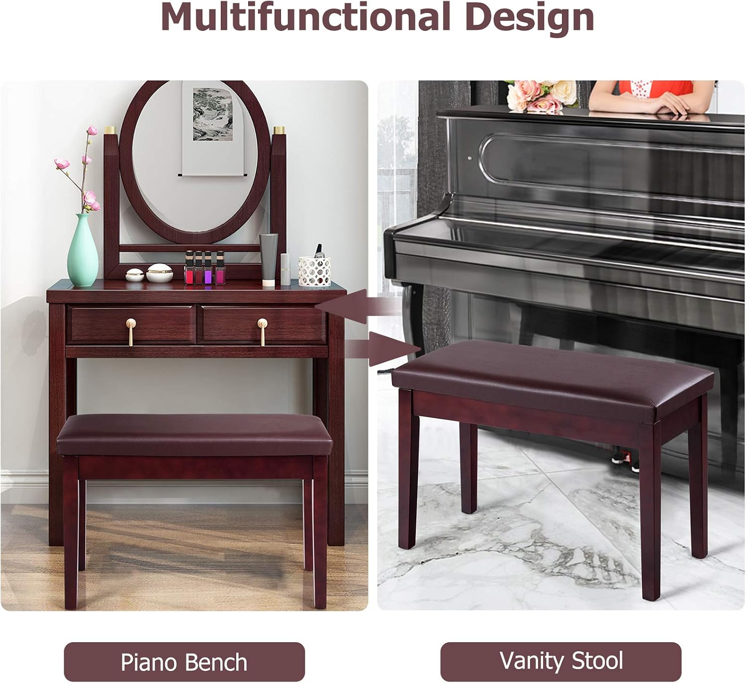 Giantex Piano Bench W/Padded Cushion and Music Storage, Comfortable Double Duet Seat, Wooden Legs, Perfect for Professional Or Home Use PU Leather Piano Stool (Brown)