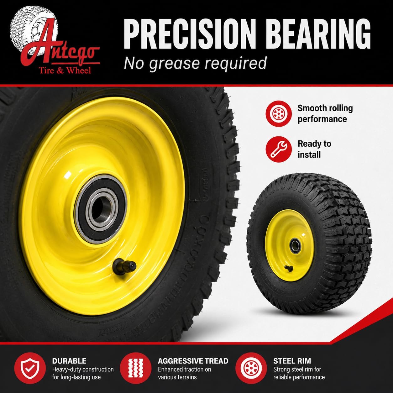 Antego 15x6.00-6 Lawn Mower Tire & Wheel Assembly ATW-001 4 Ply, Set of 2 | ATW-001, 4 Ply