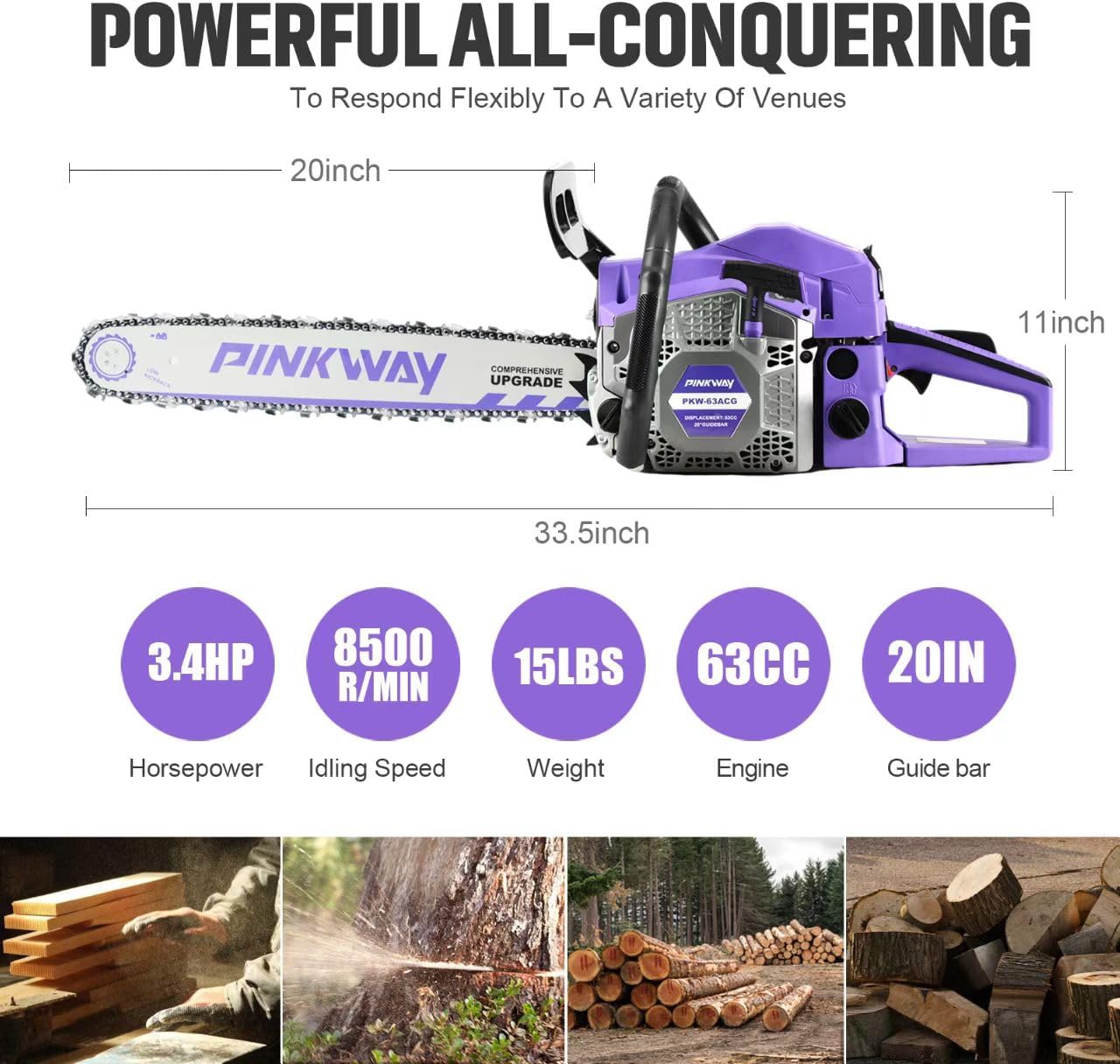 2-cycle 63CC Chainsaw Saw Gas Powered 20" Chain Saws Cordless Petrol Saw Handheld Chainsaw for Cutting Wood Trees Branches (63ACK)
