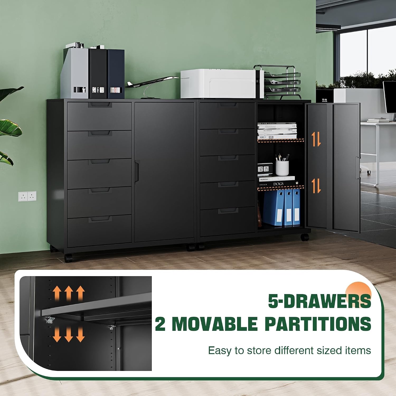 5 Drawer Storage Cabinet, Mobile Printer Stand for Home Office,Dresser Chest with Shelves and Door(White)