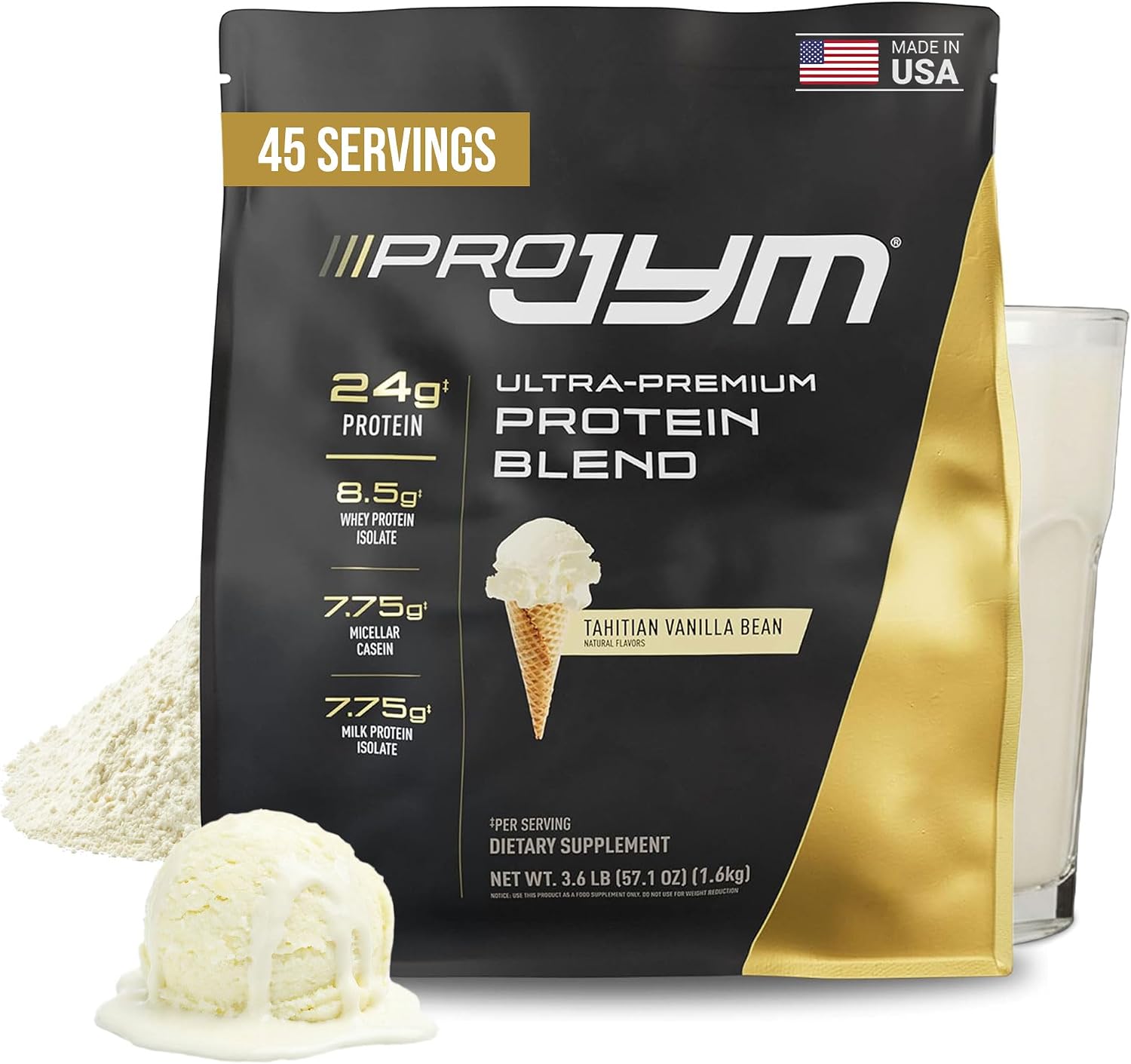 JYM Tahitian Vanilla Bean Whey & Casein Protein Powder, 1.7 lb, 22 Servings | Micellar Casein & Milk Protein Isolate, Lean Muscle Building, Pre & Post Workout Nutrition, Men & Women