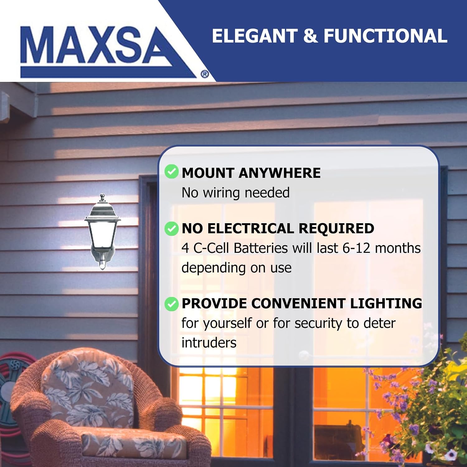 Maxsa 44219 Premium Wireless Battery-Powered Motion-Activated Decorative Outdoor Wall Sconce Lighting Fixture, Cool White LED, Metal Housing, Black