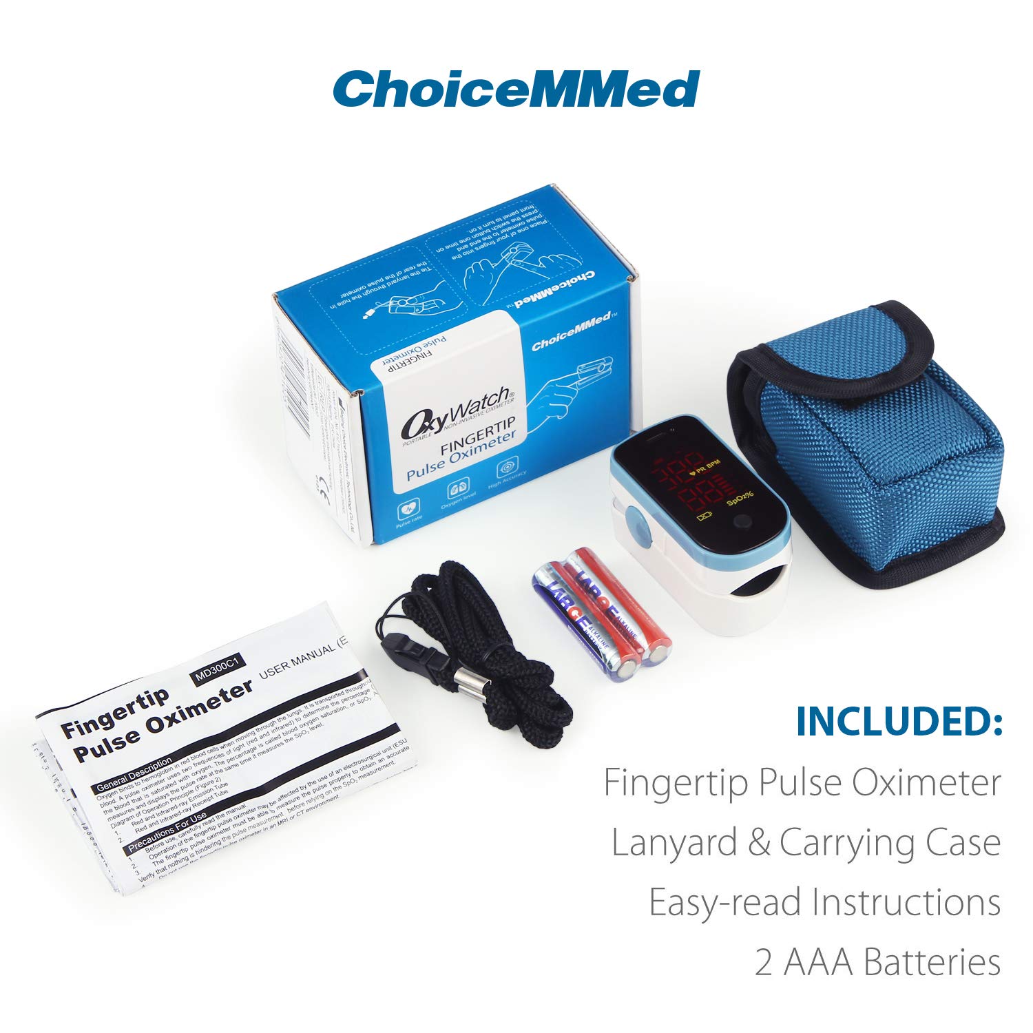 CHOICEMMed Finger Pulse Oximeter, Blood Oxygen Saturation Monitor, Fingertip O2 Sensor with LED Display, Pulse Rate Reader