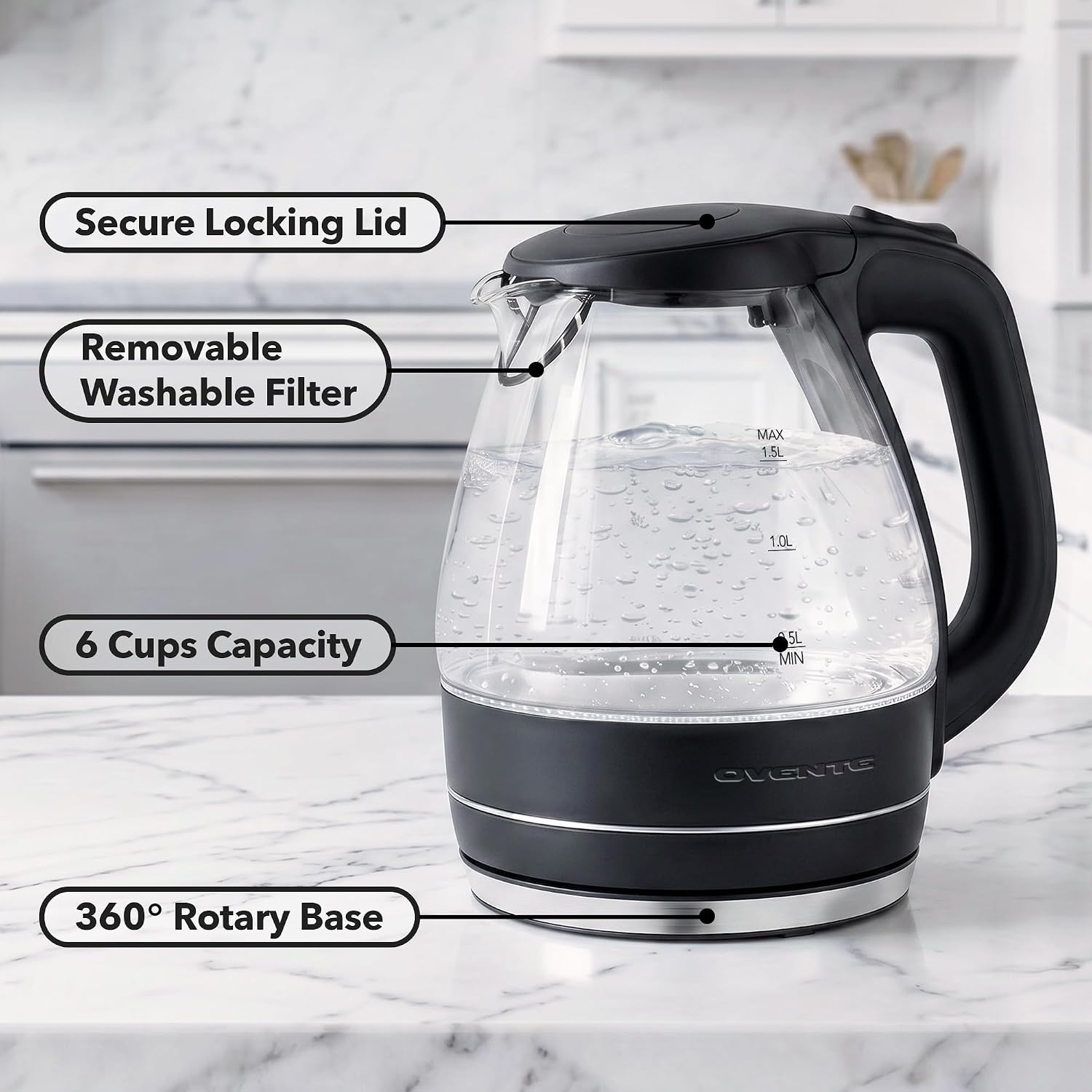 OVENTE 1.5L Glass Electric Kettle Water Boiler, Black KG83B | 1100W Fast Boiling, Borosilicate Glass, BPA-Free, Blue LED, Auto Shut-Off, Boil-Dry Protection, Removable Filter, 360° Base