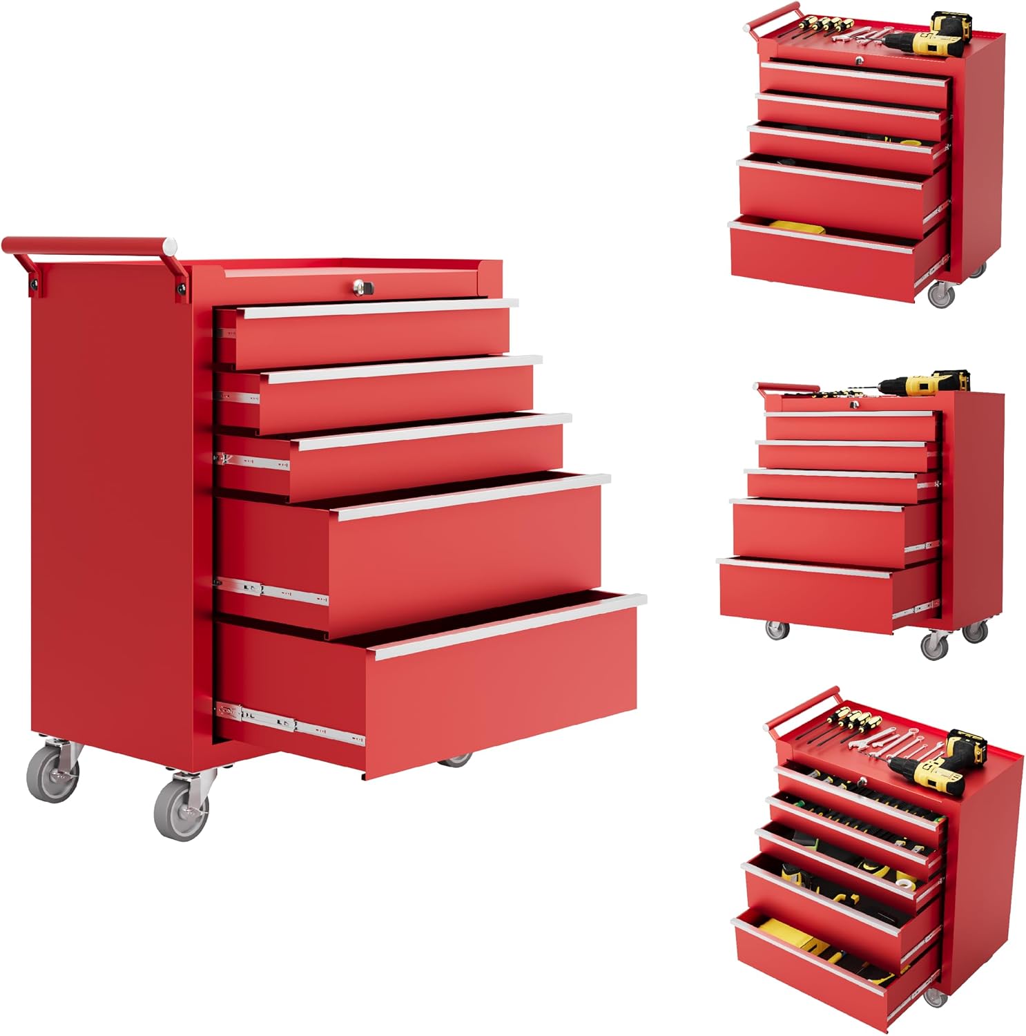 Rolling Tool Chest with Wheels, 5 Drawer Tool Storage Cabinet, Portable Toolbox Organizer with Lock, Heavy Duty Tool Chest Cart for Garage, Mechanic, Workshop, Shop, Mobile Tool Organizer, Black