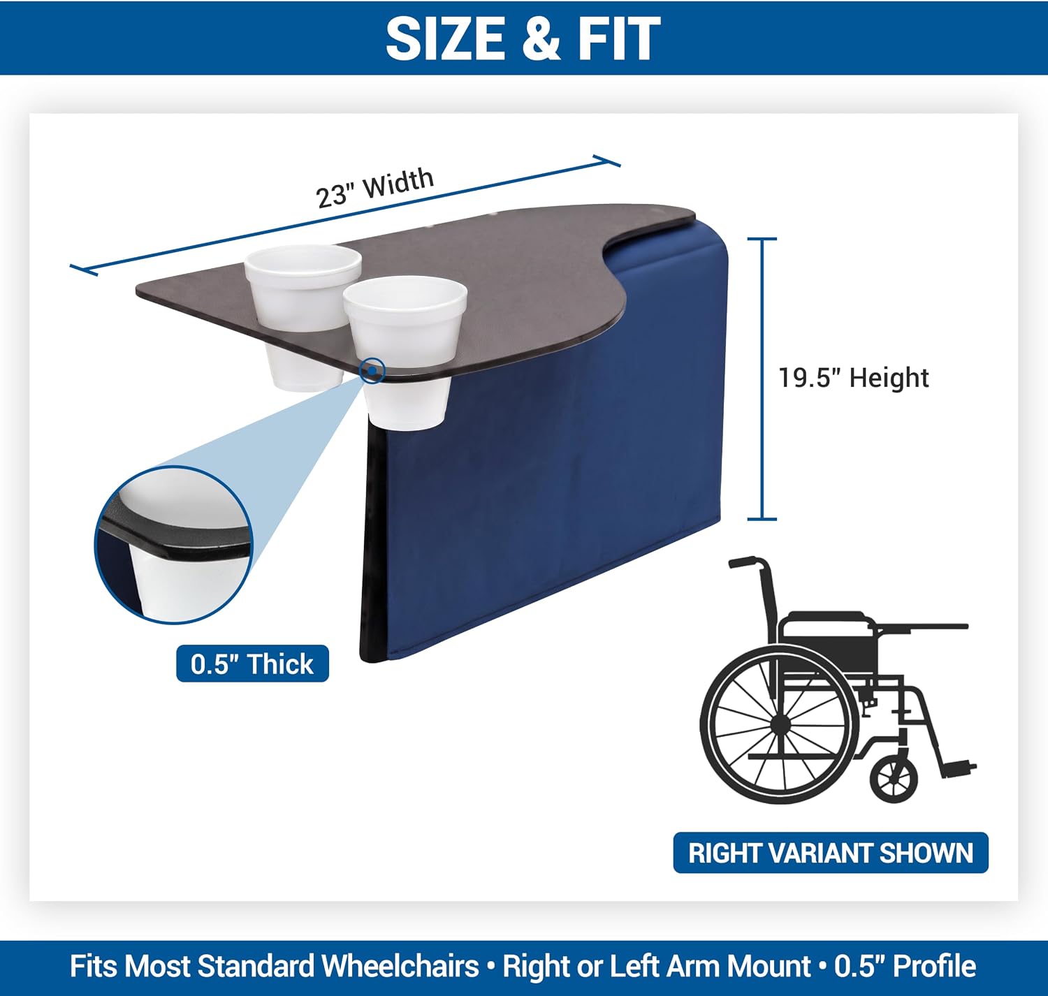 Skil-Care Left Side Wheelchair Flip Tray, 23"W x 19.5"D, Scratch-Resistant | 705032, Scratch-Resistant Surface, Two Cup Holders, Convenient Flip-Away Design, Fits All Standard Wheelchair Armrests, Left