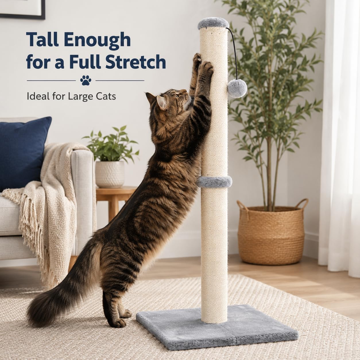 Dimaka 29" Height Tall Cat Scratching Post, Claw Scratcher with Sisal Rope and Covered with Soft Smooth Plush, Vertical Scratch [Full Strectch] for Standard Size Cats(Grey, 29 inches for All Cats)