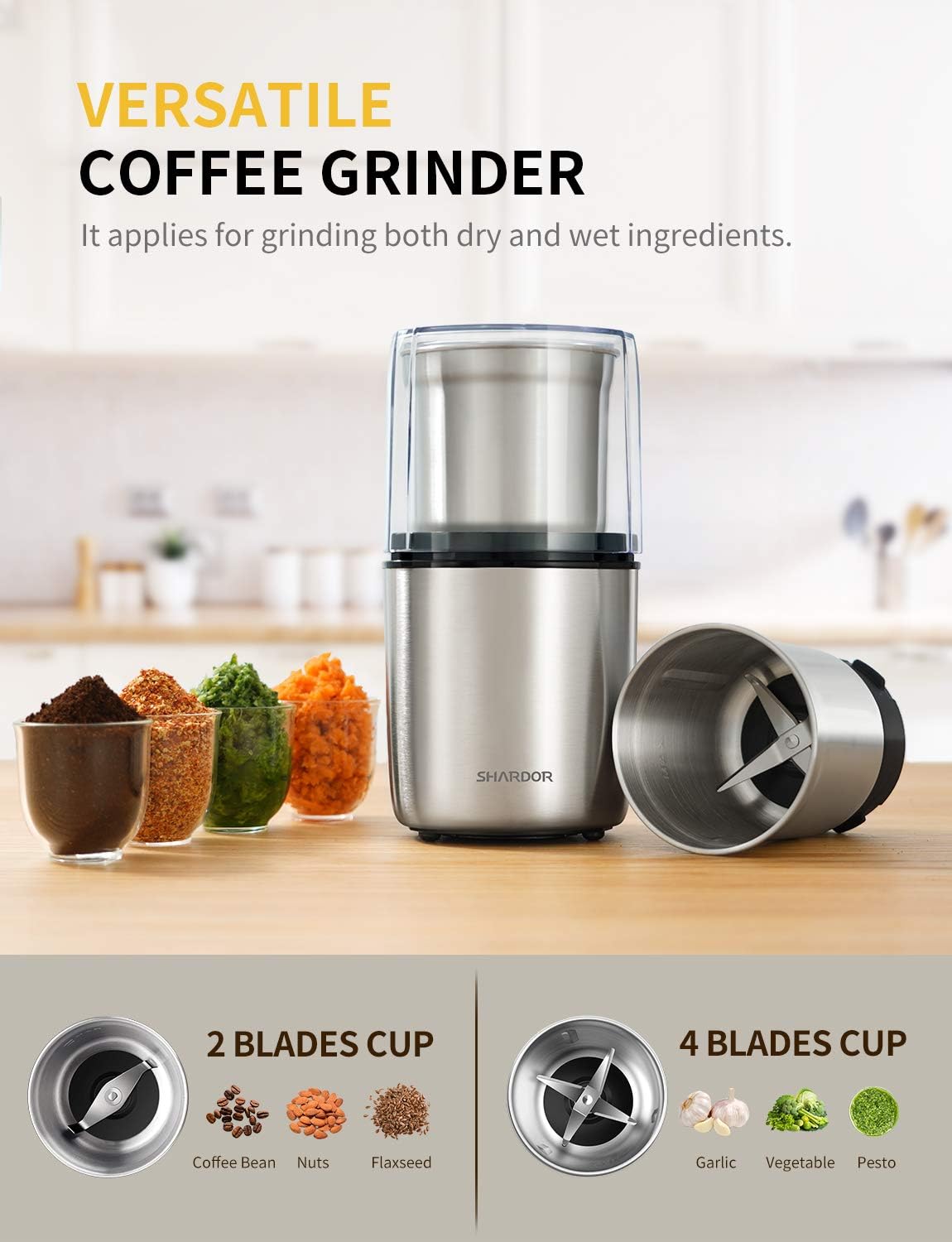 SHARDOR Electric Coffee Bean Grinder, Spice Grinder, 1 Removable Bowl with Stainless Steel Blade, Silver