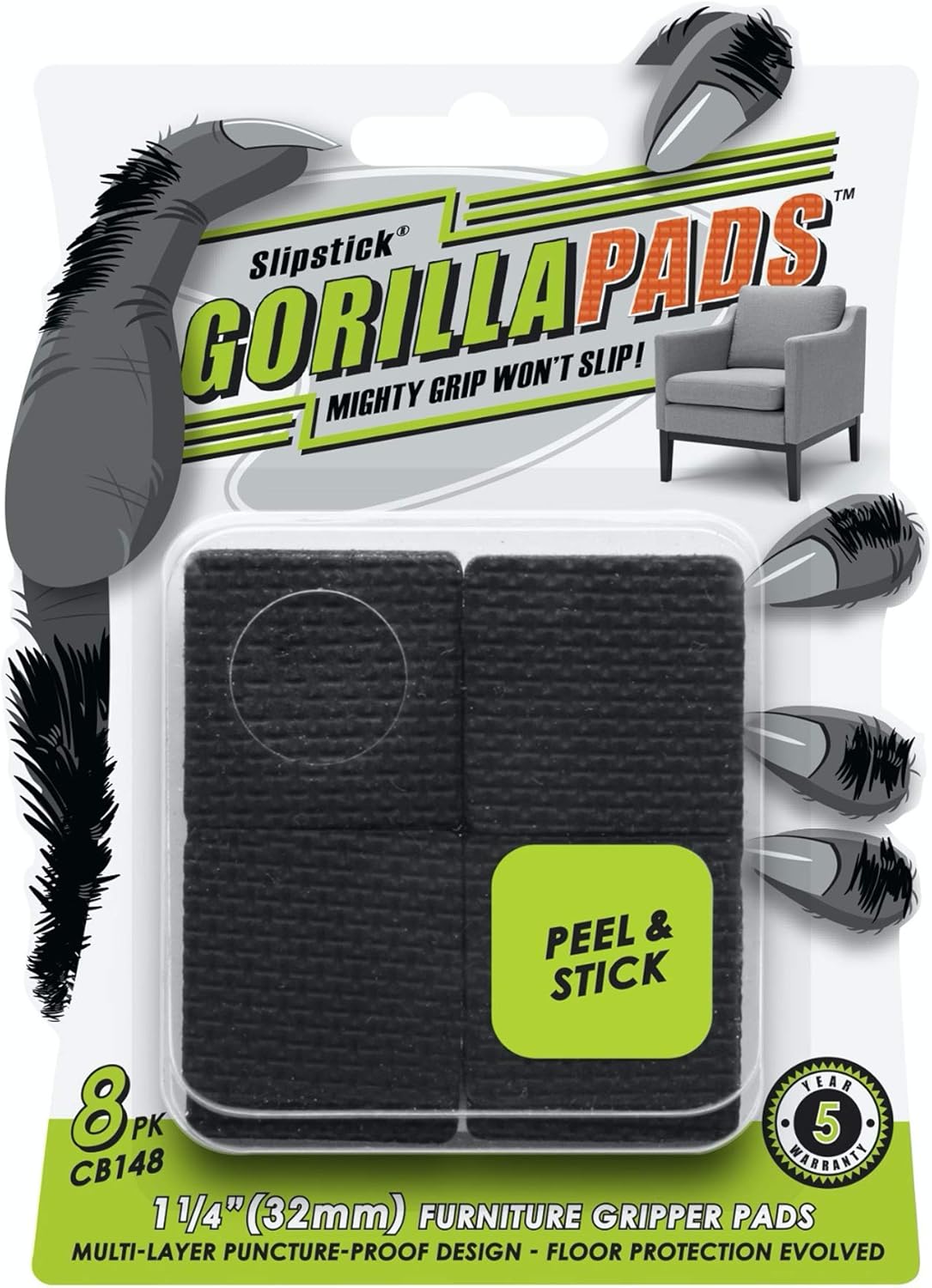 Slipstick GorillaPads CB149 Non-Slip Furniture Pads/Rubber Grippers (Set of 8) Self-Adhesive Furniture Feet Floor Protectors, 1-1/2 inch Round, Black