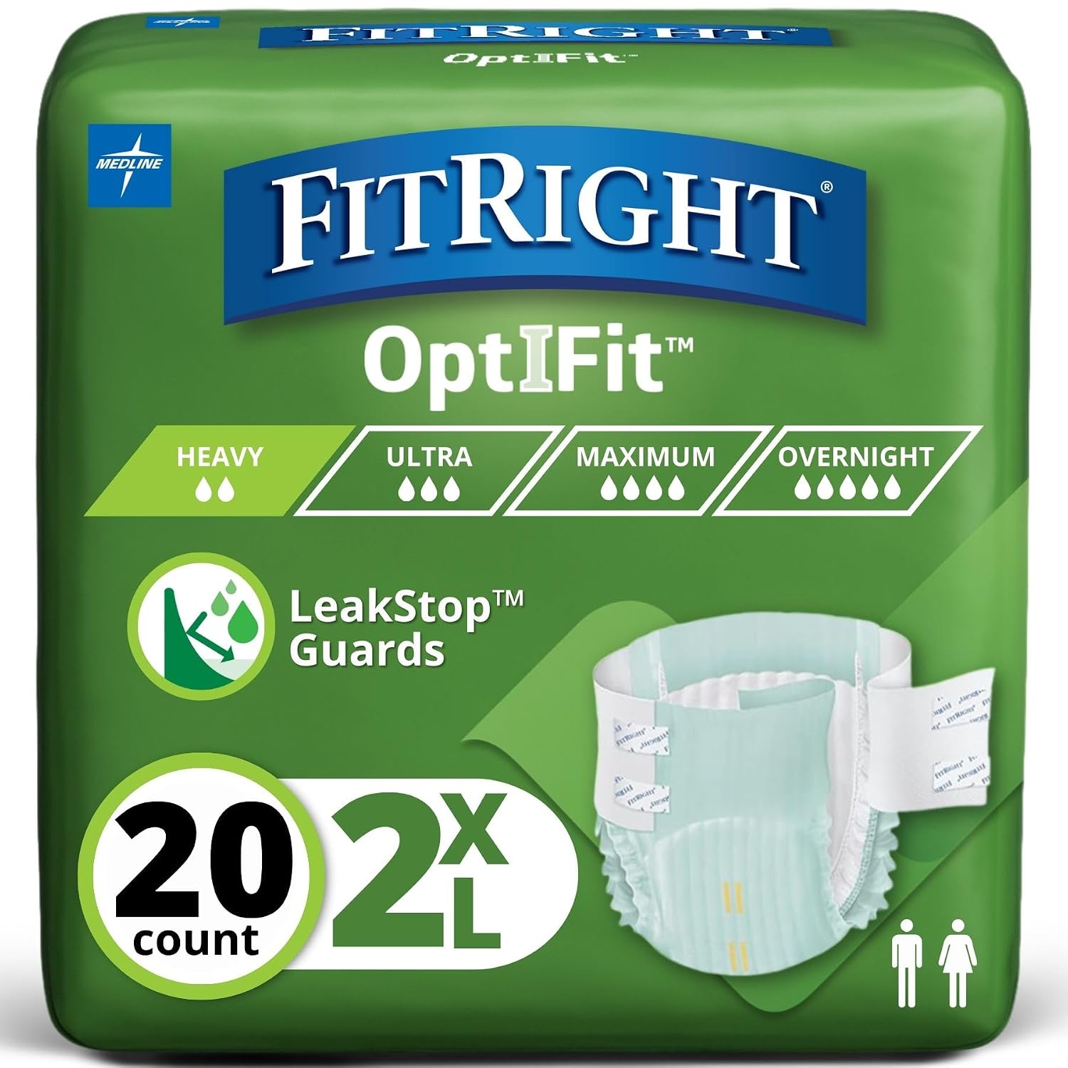 FitRight Adult Incontinence Briefs with Tabs, Heavy Absorbency, 2XL, 60" to 70", 20 Count