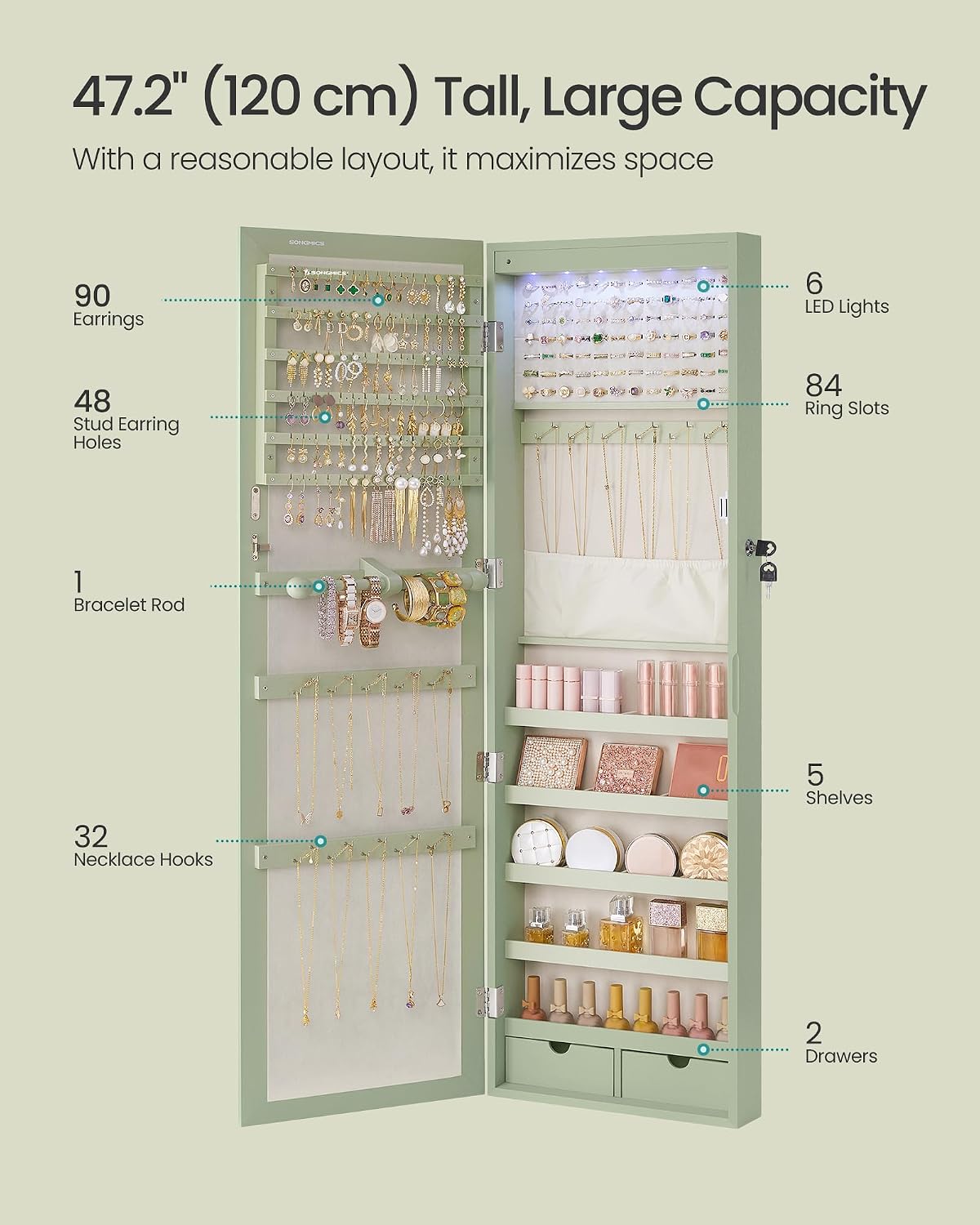 SONGMICS 6 LEDs Mirror Jewelry Cabinet, 47.2-Inch Tall Lockable Wall or Door Mounted Jewelry Armoire Organizer with Mirror, 2 Drawers, 3.9 x 14.6 x 47.2 Inches, White UJJC93W