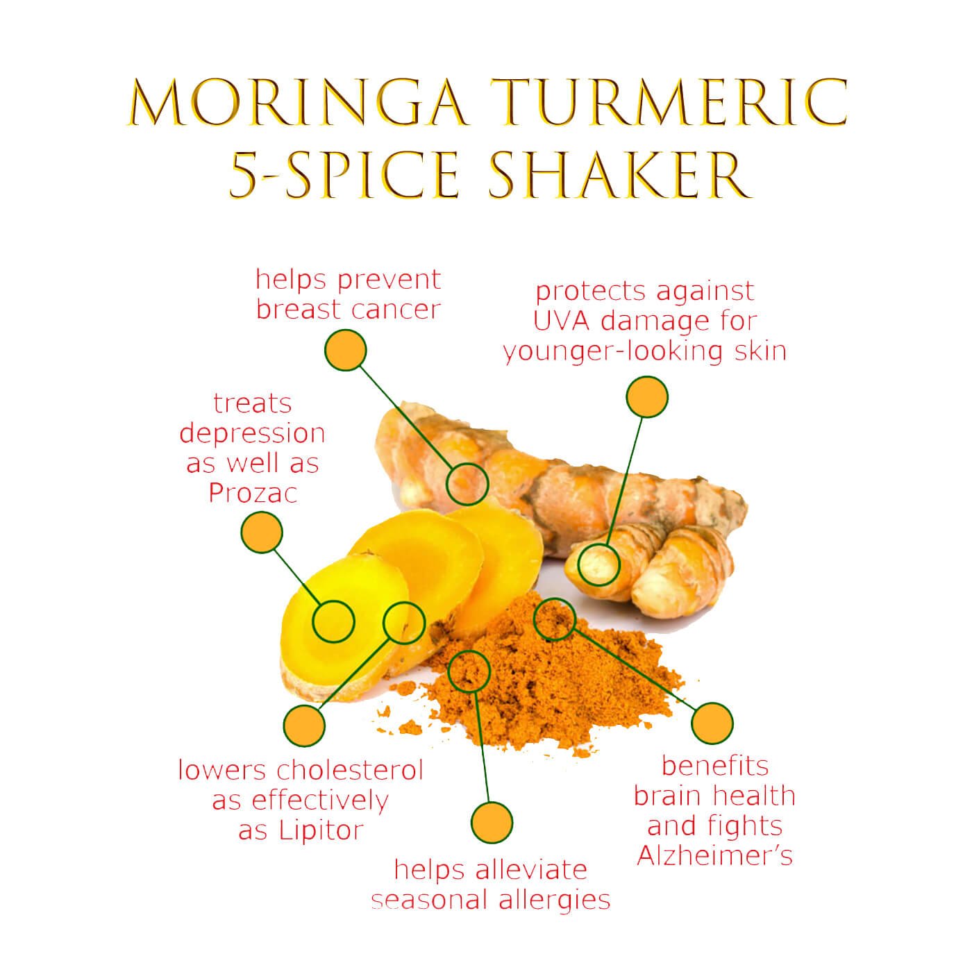 Moringa Turmeric 5 Spice Seasoning 4oz Fresh Turmeric Powder, Moringa Leaf Powder, Pink Himalayan Sea Salt, Black Pepper & Garlic. Moringa Shaker