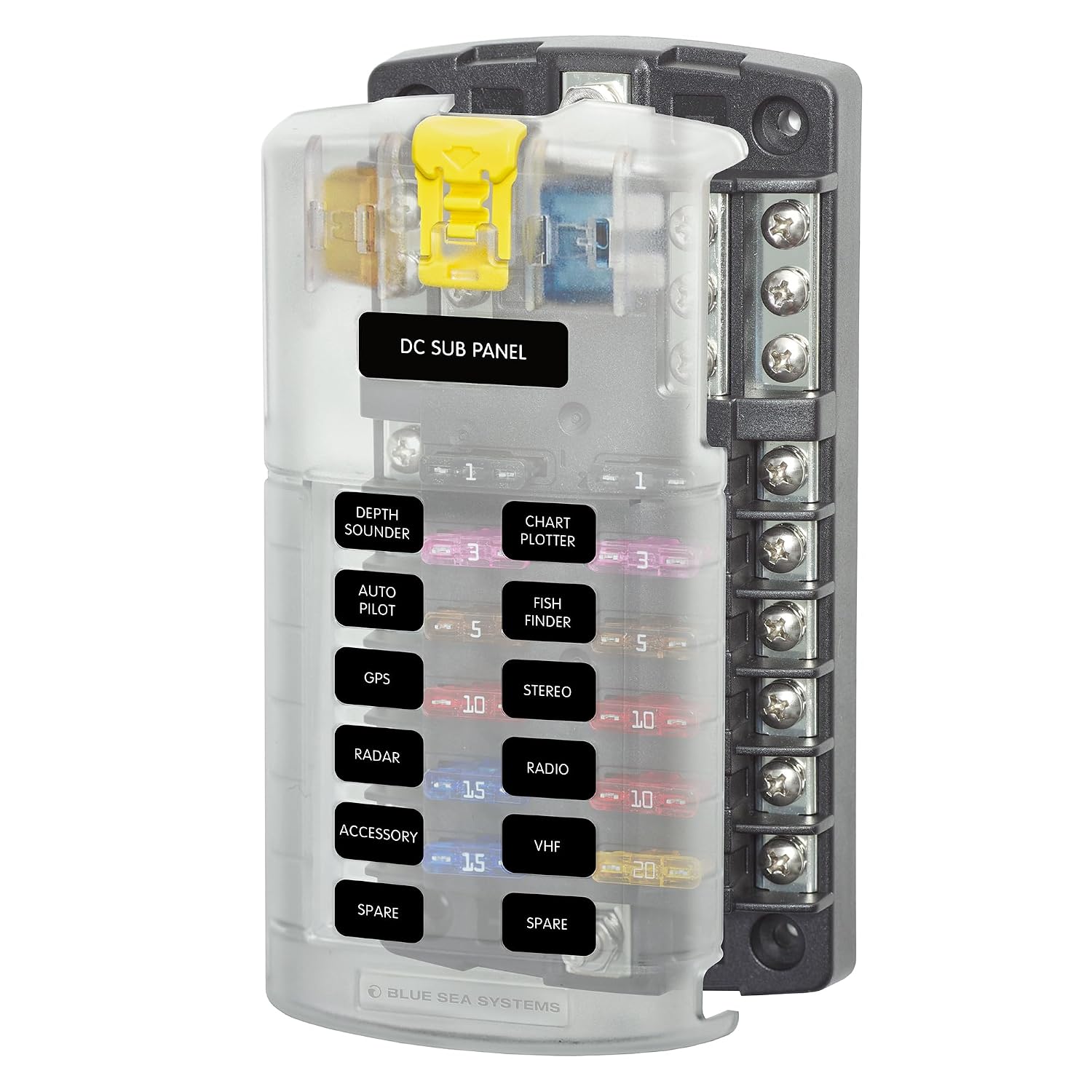 Blue Sea Systems ST Blade Fuse Block 6 Way Circuits with Negative Bus and Cover, 100 Amps, 5025