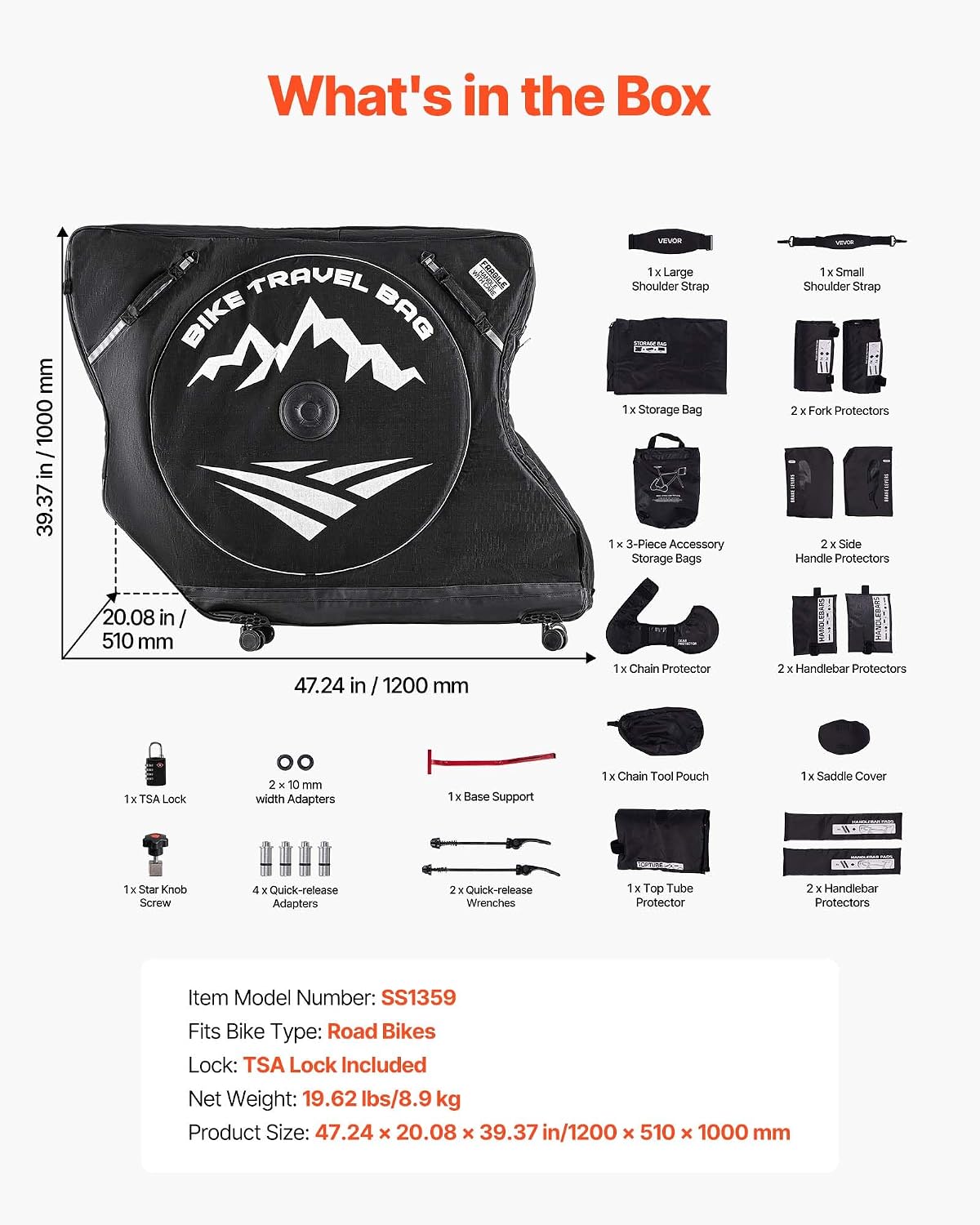 VEVOR Bike Travel Bag, Road Bike Bag Road Bicycle Storage Carry with TSA Lock & Dual Zipper for Air Travel, Outdoor Use, Airplane, Car, Train, Subway Transport