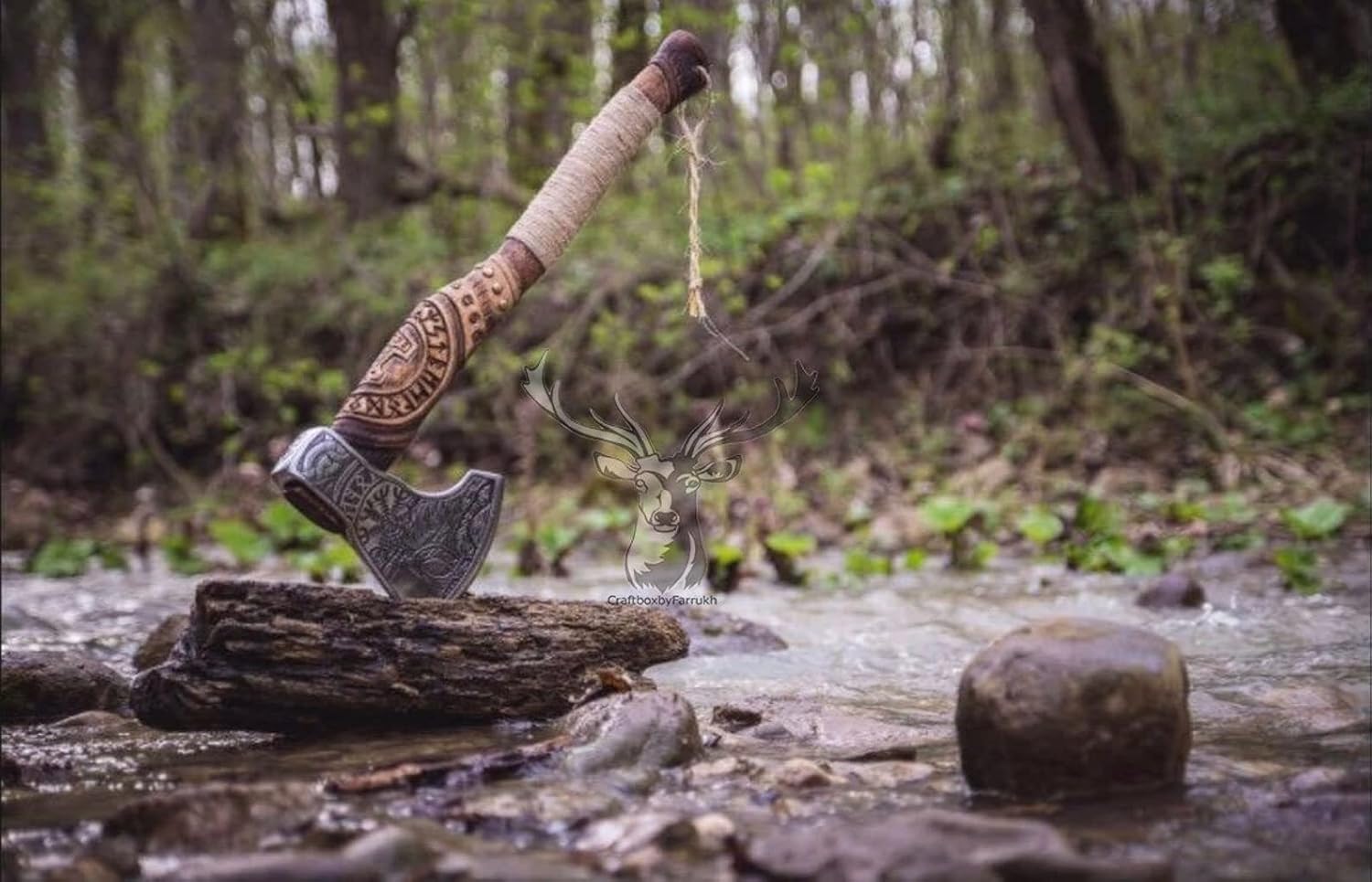 Poshland AX-7000 Custom Gift Forged Carbon Steel Viking Axe with Rose Wood Shaft, Viking Bearded Camping Axe