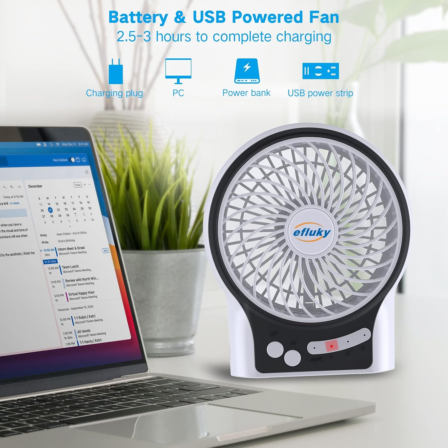 efluky 4.9-Inch Mini Desk Fan - 3 Speeds, Rechargeable Battery/USB Powered with LED Light, Quiet Portable Fan for Home, Office, Travel, Camping (Black)