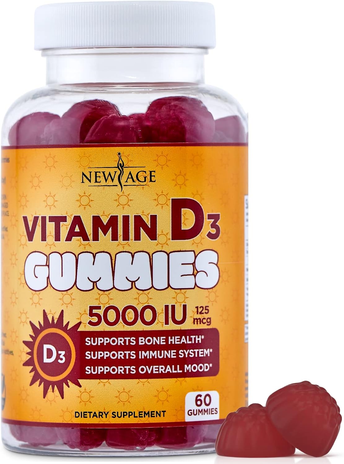 NEW AGE Vitamin D3 5000 IU 125mcg Gummies - Immune Supplement - Non-GMO, Gluten-Free, Dairy-Free, No Gelatin (120 Gummies (Pack of 2))