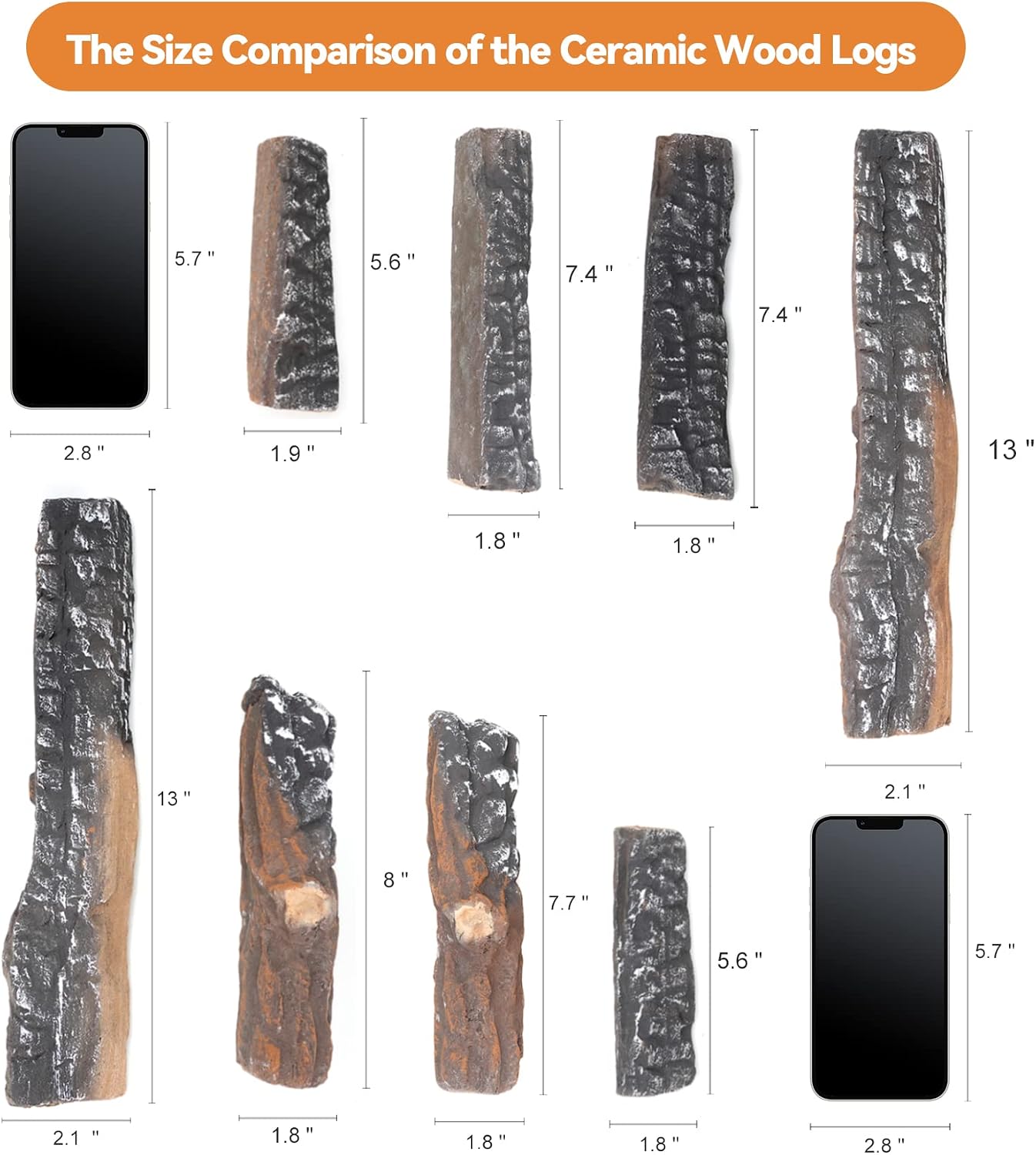 Skyflame 8 Small Piece Set of Ceramic Wood Logs for Fireplaces Fire Pits | Smokeless, Indoor Gas Inserts, Ventless & Vent Free