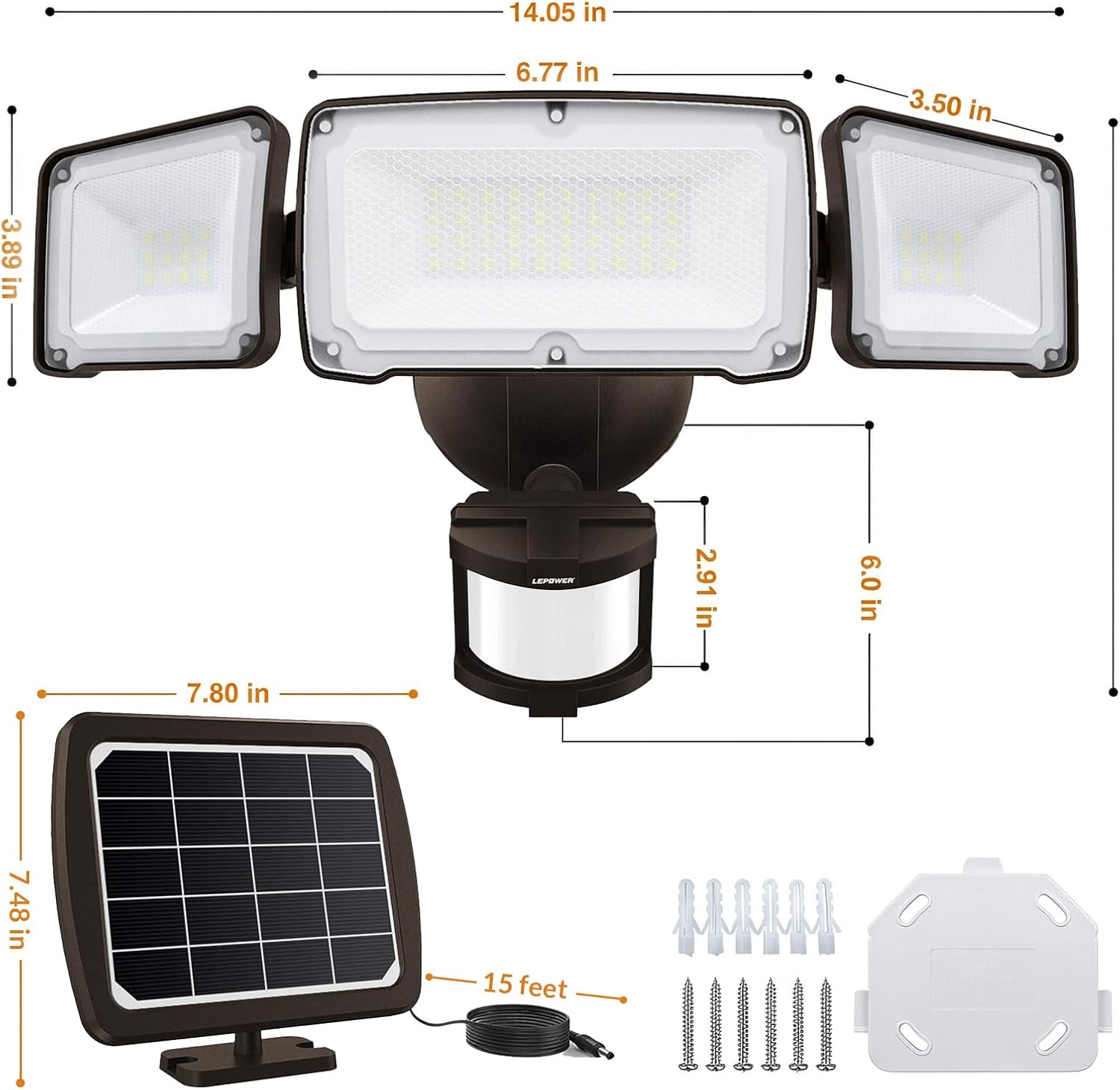 LEPOWER Solar LED Security Lights, PIR Motion Sensor Outdoor, 1600LM, Yard | 5500K Daylight, 72FT180° Motion Sensor Flood Light, 3 Adjustable Head, Easy Install, IP65 Waterproof for Porch, Patio, Garage
