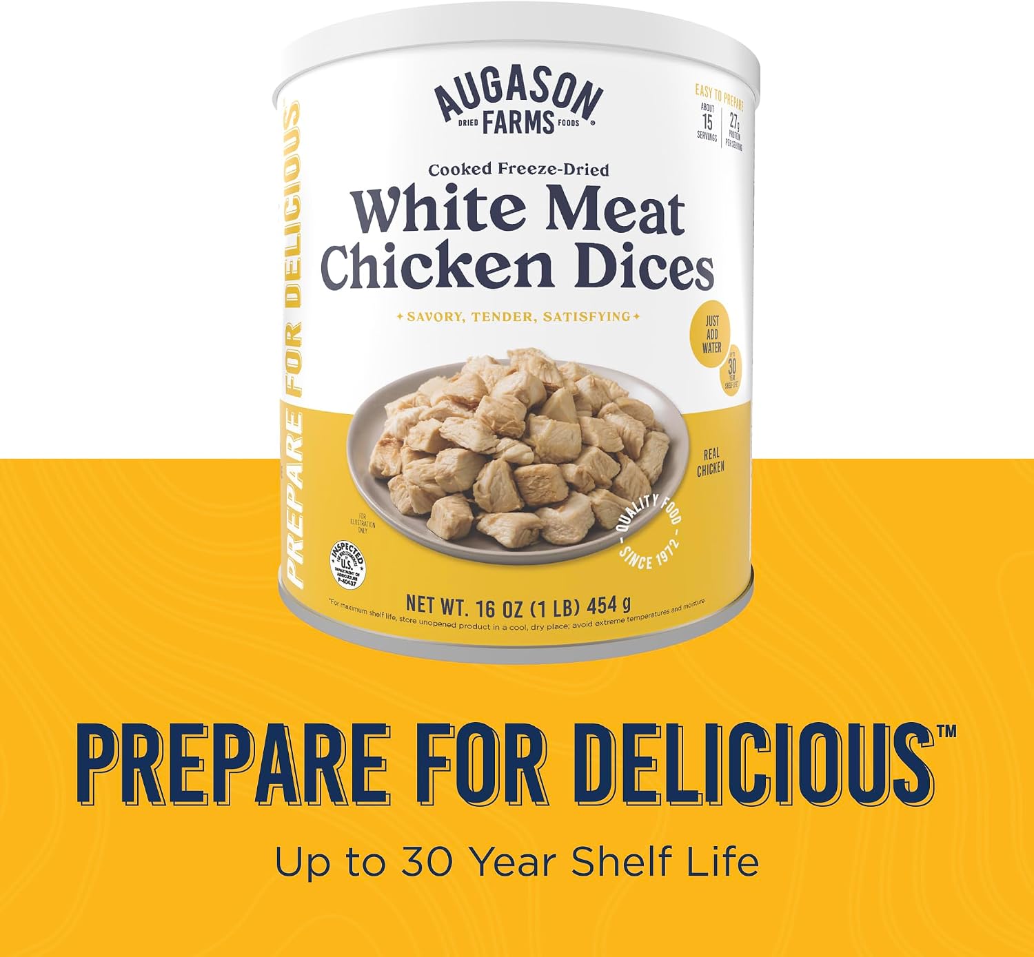 Augason Farms Cooked Freeze Dried White Meat Chicken Dices Can | Emergency Food Supply, Everyday Meals, 15 Servings