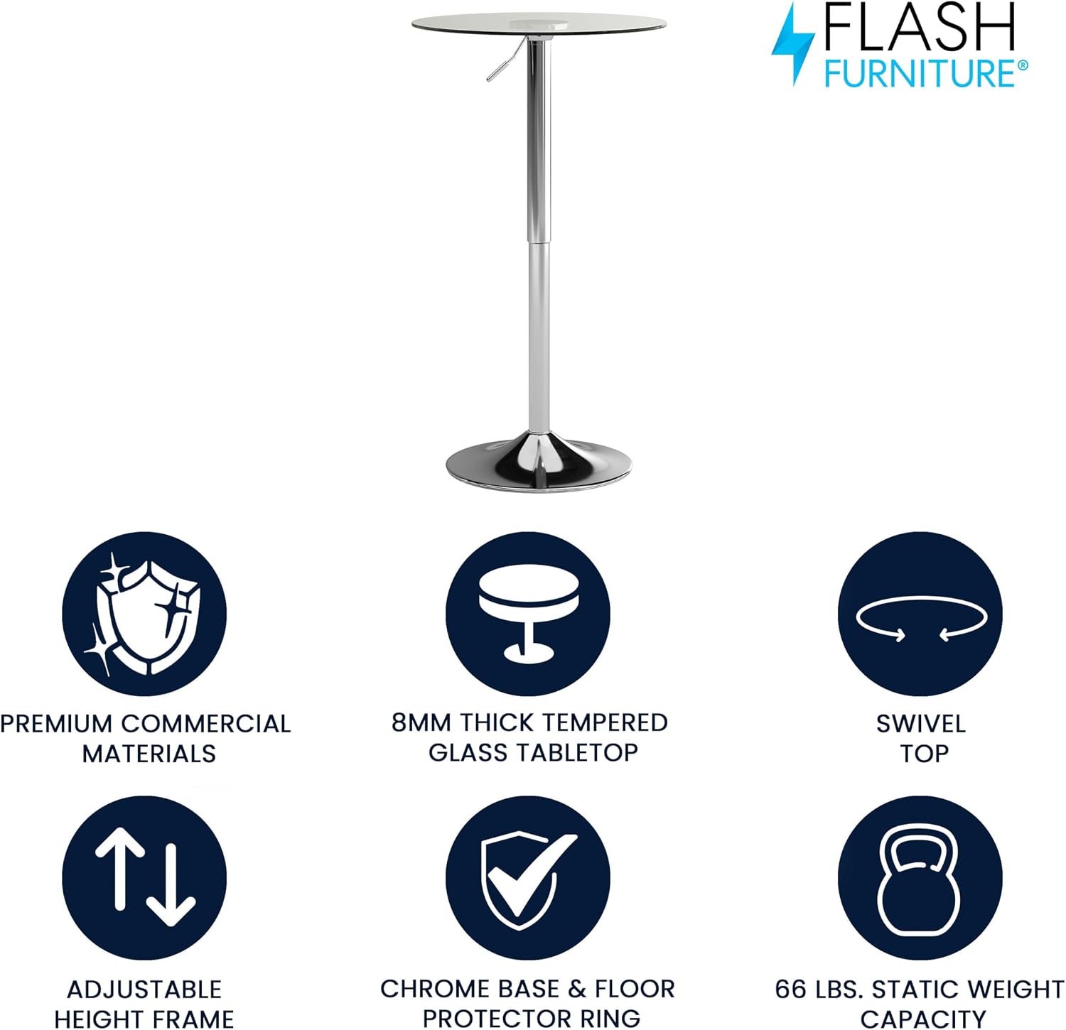 Flash Furniture Chad 23.5'' Round Glass Cocktail Table with Adjustable Height Frame, Bar Height Table for Commercial or Residential Use, Clear/Chrome