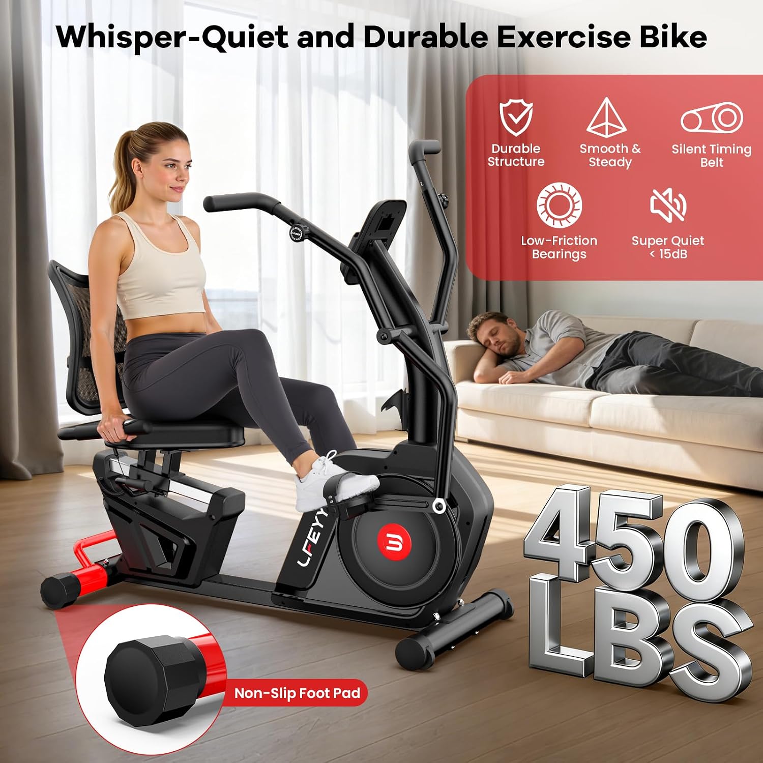 Recumbent Exercise Bike for Home, Stationary Bike with Arm Exerciser | 16-Level Magnetic Resistance, 450LBS Capacity, Bluetooth App, LCD Monitor