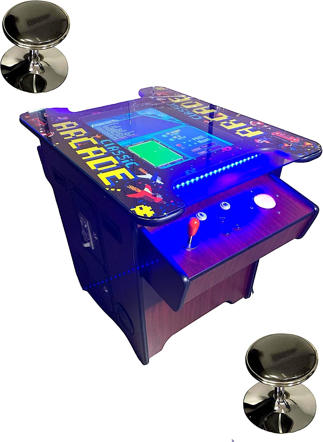 Full Size Commercial Grade Cocktail Arcade Machine 2 Player Upgraded Trackballs 412 Games 22" LCD Screen Tempered Glass 2 Stools Included 5 Year