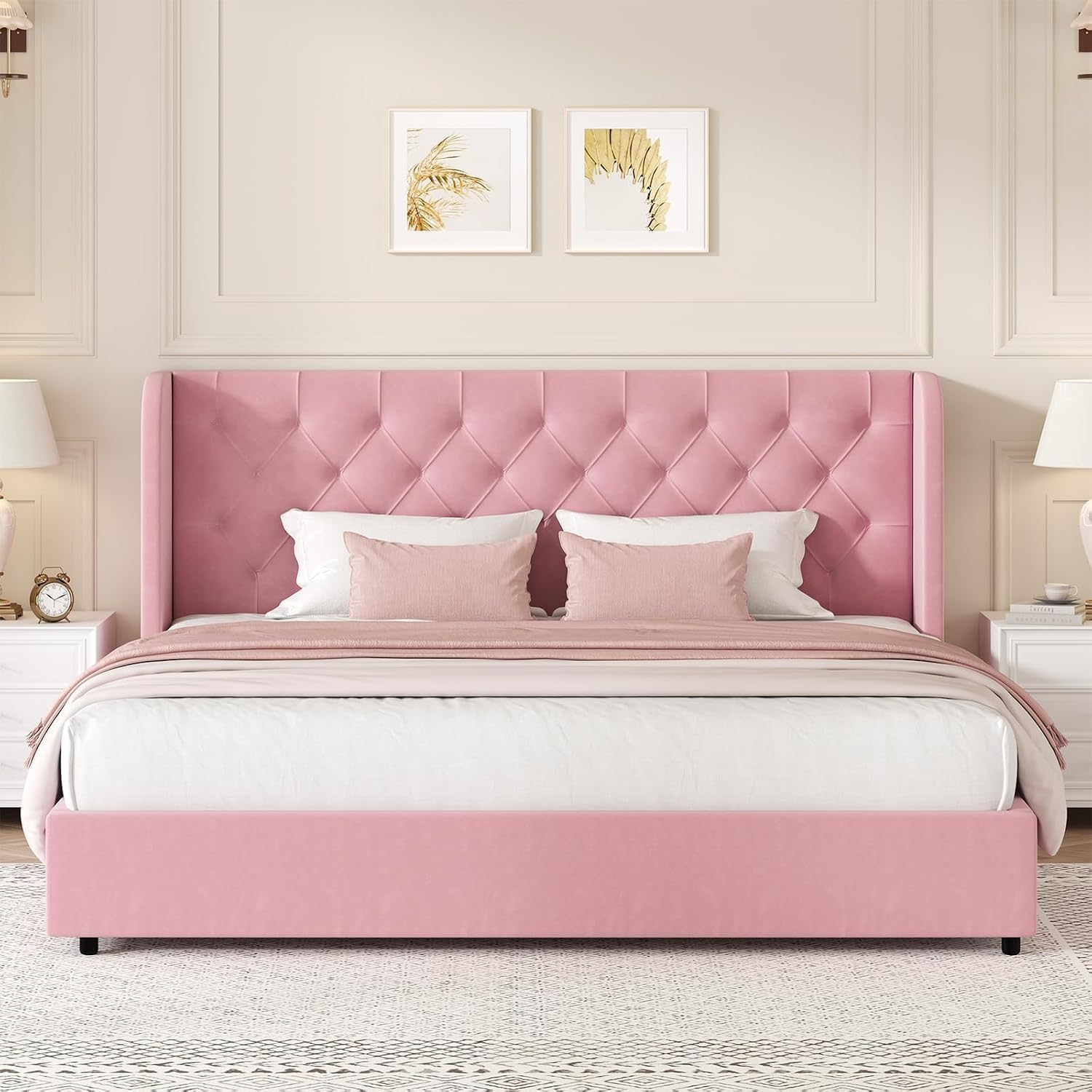 HOMBCK Full Size Bed Frame with Headboard, Upholstered Platform Bed, White | Velvet Tufted Curved Wingback/Wooden Slats Support/No Box Spring Needed/Noise-Free/Easy Assembly
