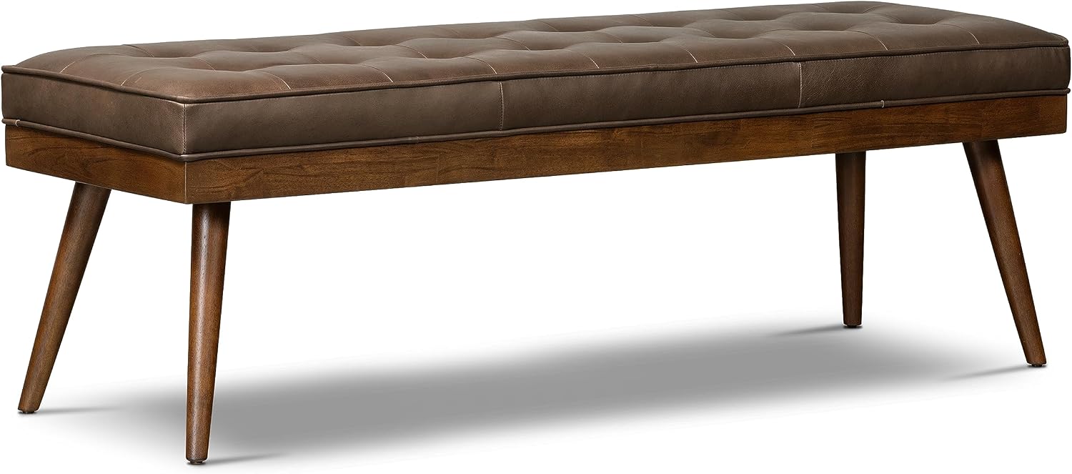 Poly & BARK 55" Tufted Leather Bed Bench for Bedroom End of Bed - Living Room Entry Way Bench - Pure Italian Leather Upholstery with a Solid Wood Frame - Ottoman Bench with Wooden Legs - Cognac Tan