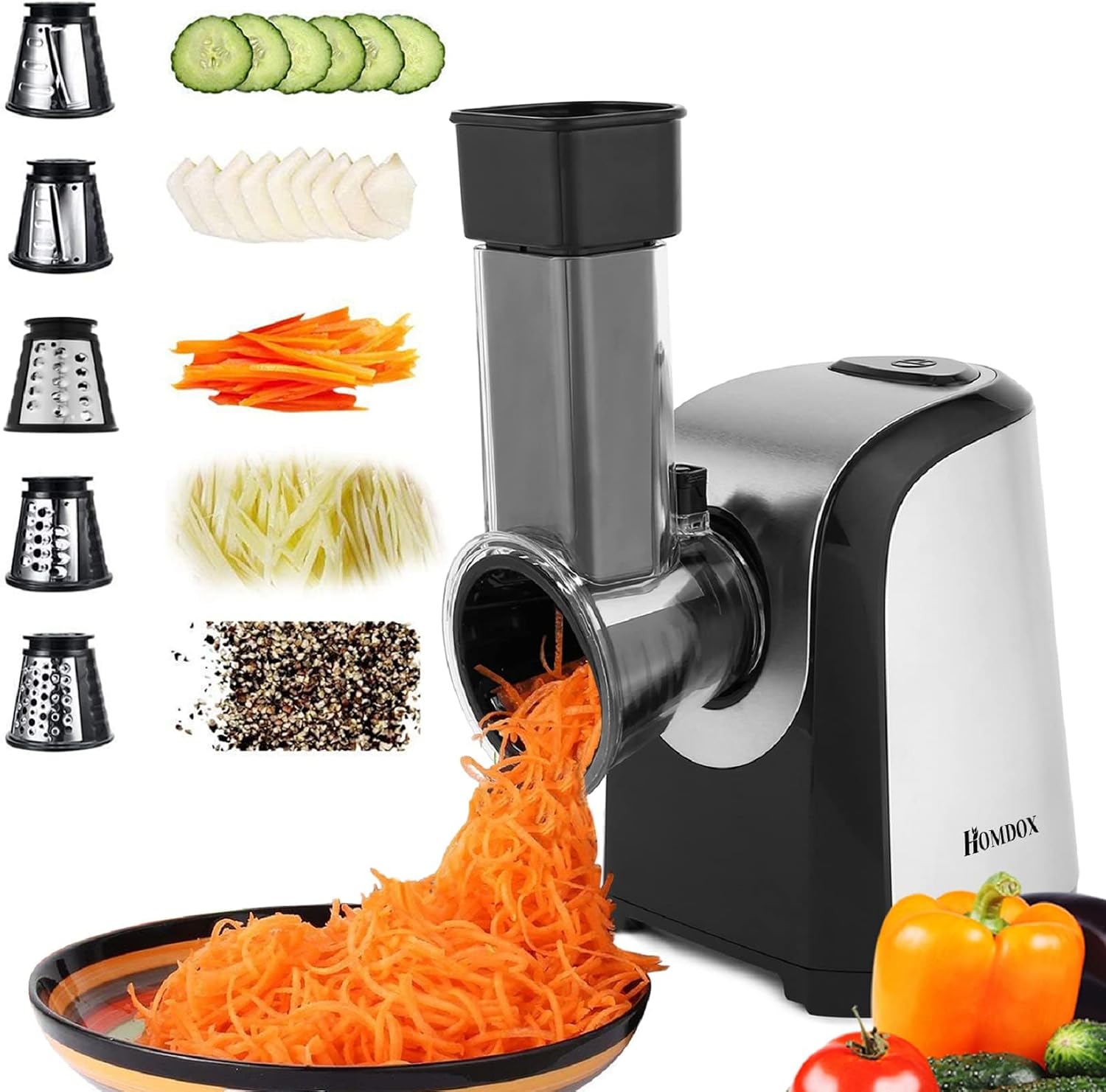 Electric Cheese Grater and Slicer Shredder for Kitchen, 150W 5 Cones | Salad Maker Grates slices shreds cheese vegetables fruits nuts