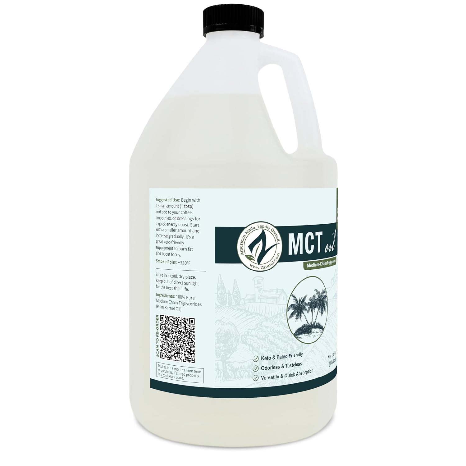 MCT Oil, Certified Food and Therapeutic Grade, Carrier, Massage, Hydrating, Hair, 0 Additives, (128 Ounce (1Gallon))