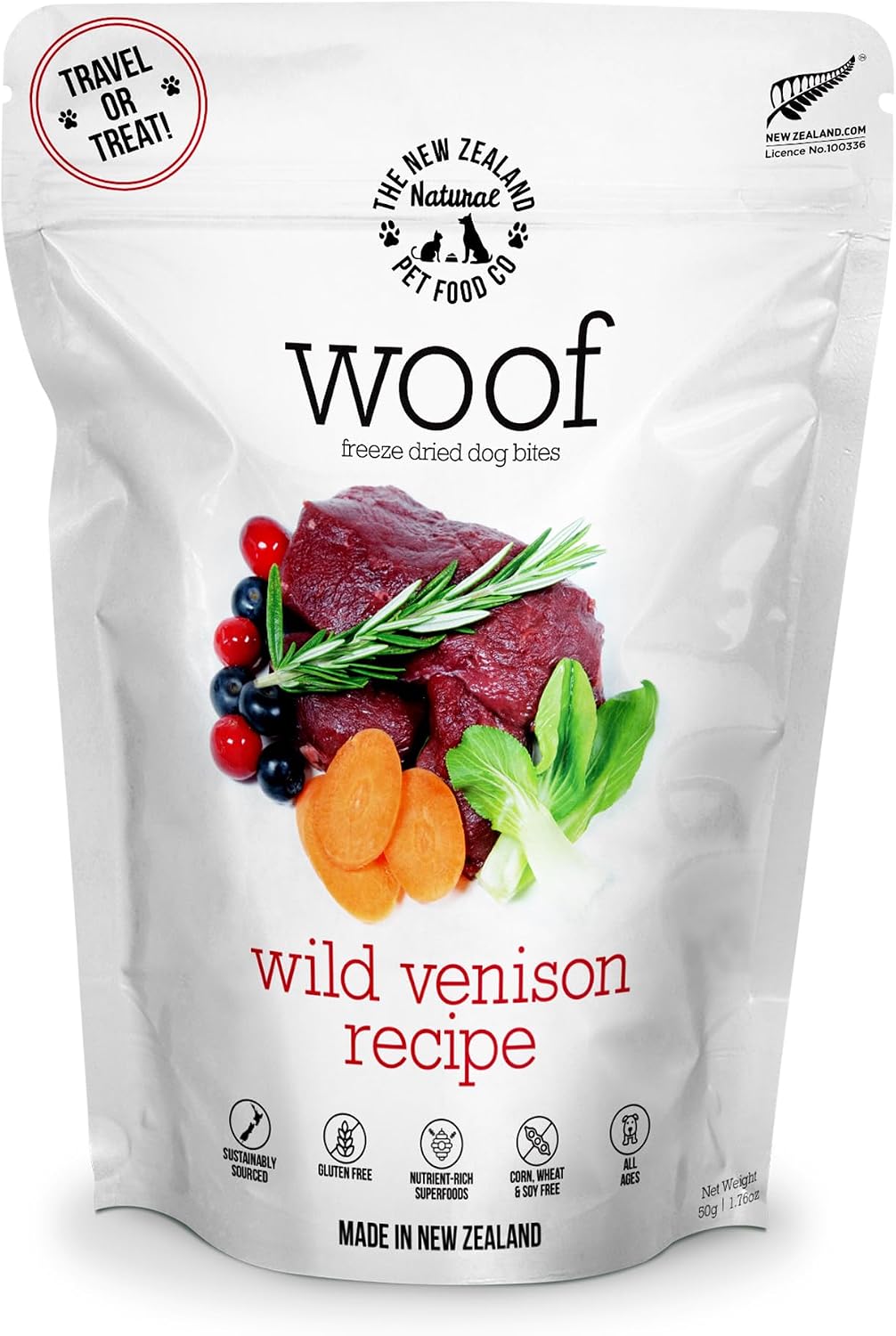 The New Zealand Natural Pet Food Co. Woof Freeze Dried Dog Food - Wild Venison, High Protein, Dog Food Topper & Dog Treats, All Life Stages, 1.76 oz