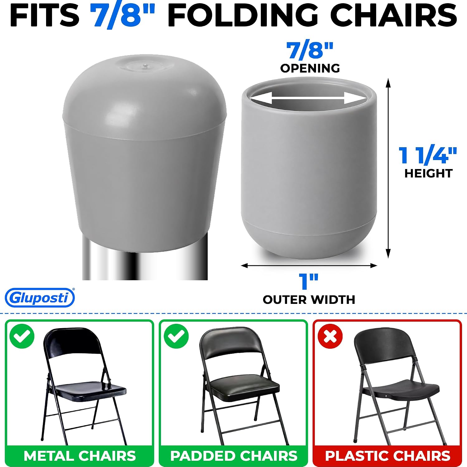 Folding Chair Leg Caps Gray 7/8 Inch (12 Pack) - Heavy Duty Nylon Chair End Caps, Non-Marring Round Hardwood Floor Protectors