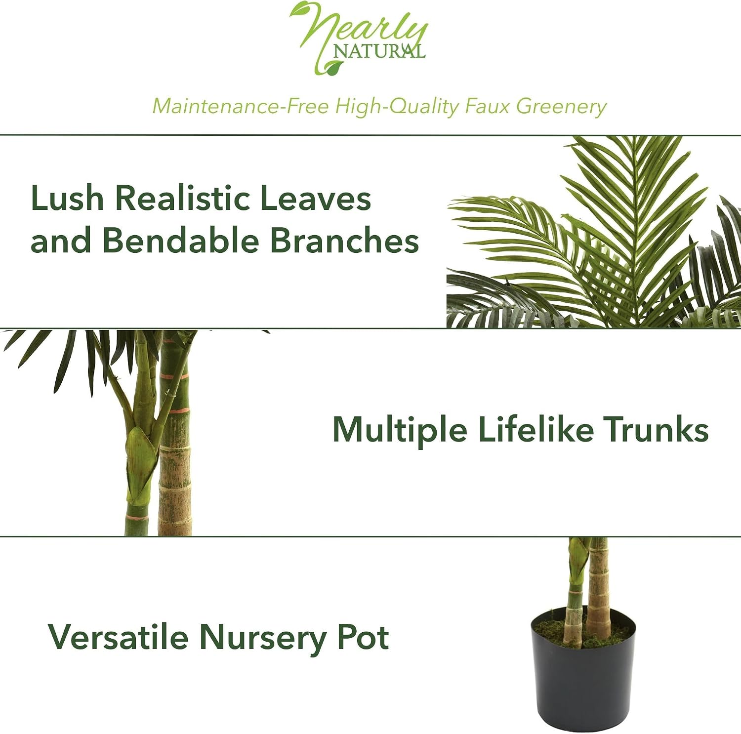 Nearly Natural 4 ft Artificial Golden Cane Palm Tree with Nursery Pot | Double-Stalk, Lush Realistic Foliage, Indoor Faux Palm Plant, Living Room Decor, Perfect Tropical Decoration