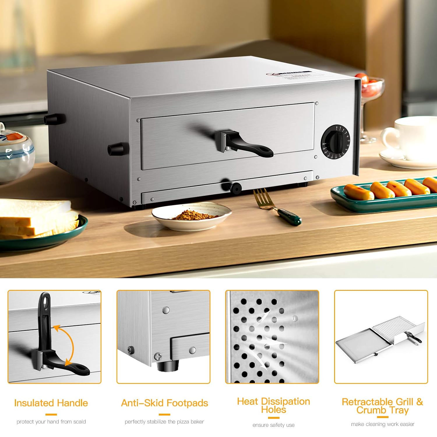 Costway Electric Oven, Stainless Steel Baker with Auto Shut-Off, Handle, Removable Tray, Countertop Pizza Maker for Kitchen & Commercial Use