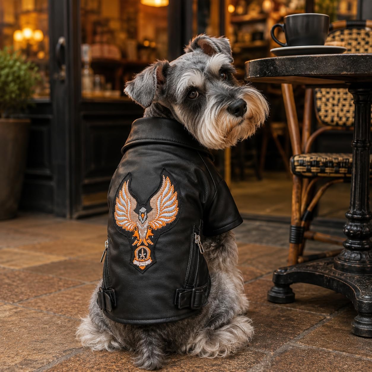 Lovelonglong Cool Dog Leather Jacket, Warm Coats Dogs Windproof Cold Weather Coats for Large Medium Small Dogs with Eagle Embroidery Black XS
