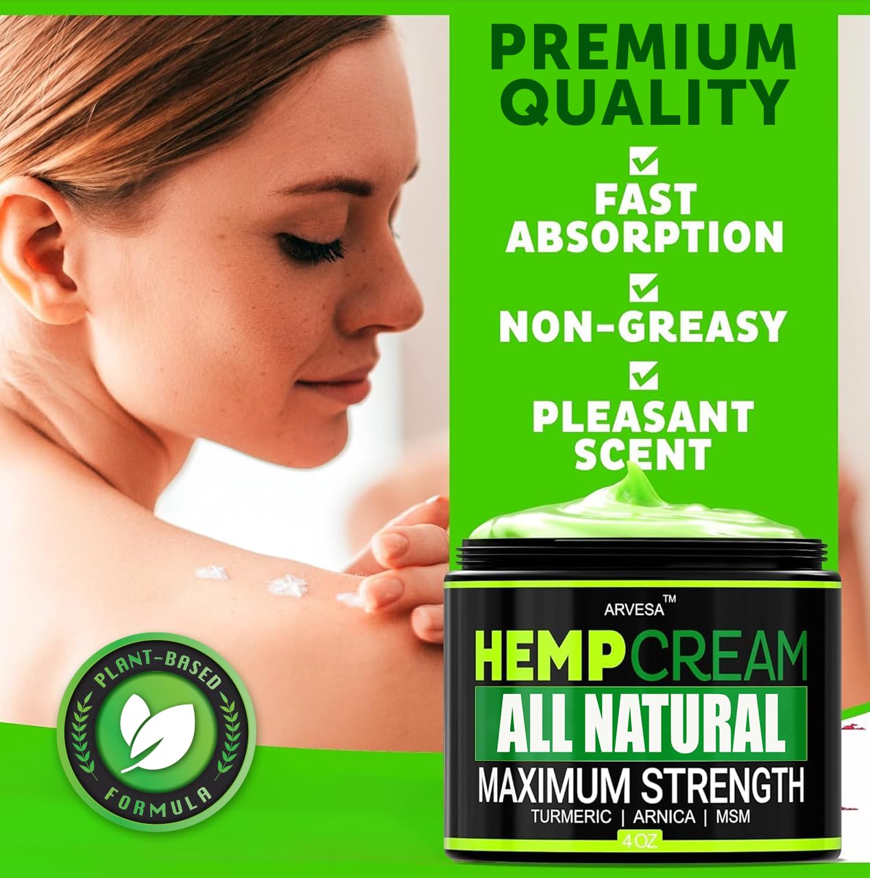 Natural Hemp Cream - Maximum Strength Gel - Hemp Cream with Arnica, MSM, Glucosamine, Menthol, Aloe, Turmeric, Boswellia - Fast Absorption, Non-Greasy