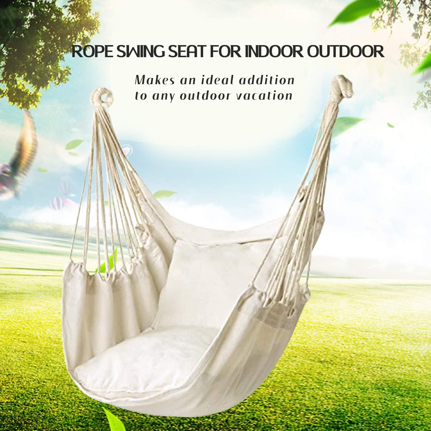 Hommtina Hammock Chair Hanging Rope Swing, Max 300 Lbs Hanging Chair with Pocket & Durability Perfect for Outdoor, Home, Bedroom, Patio