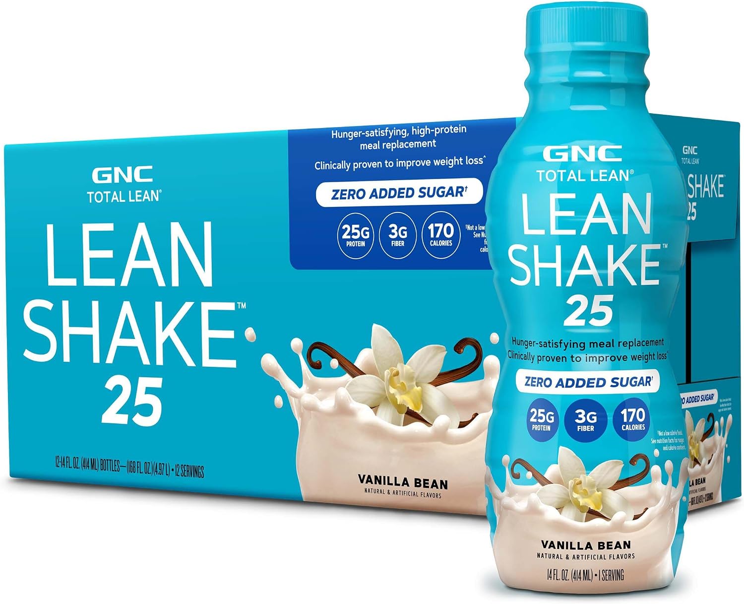 GNC Lean Shake 25 Protein Shake, Clinically Proven Weight Management, Meal Replacement, 25g Protein with Zero Added Sugar, Ready to Drink, Vanilla Bean, Pack of 12