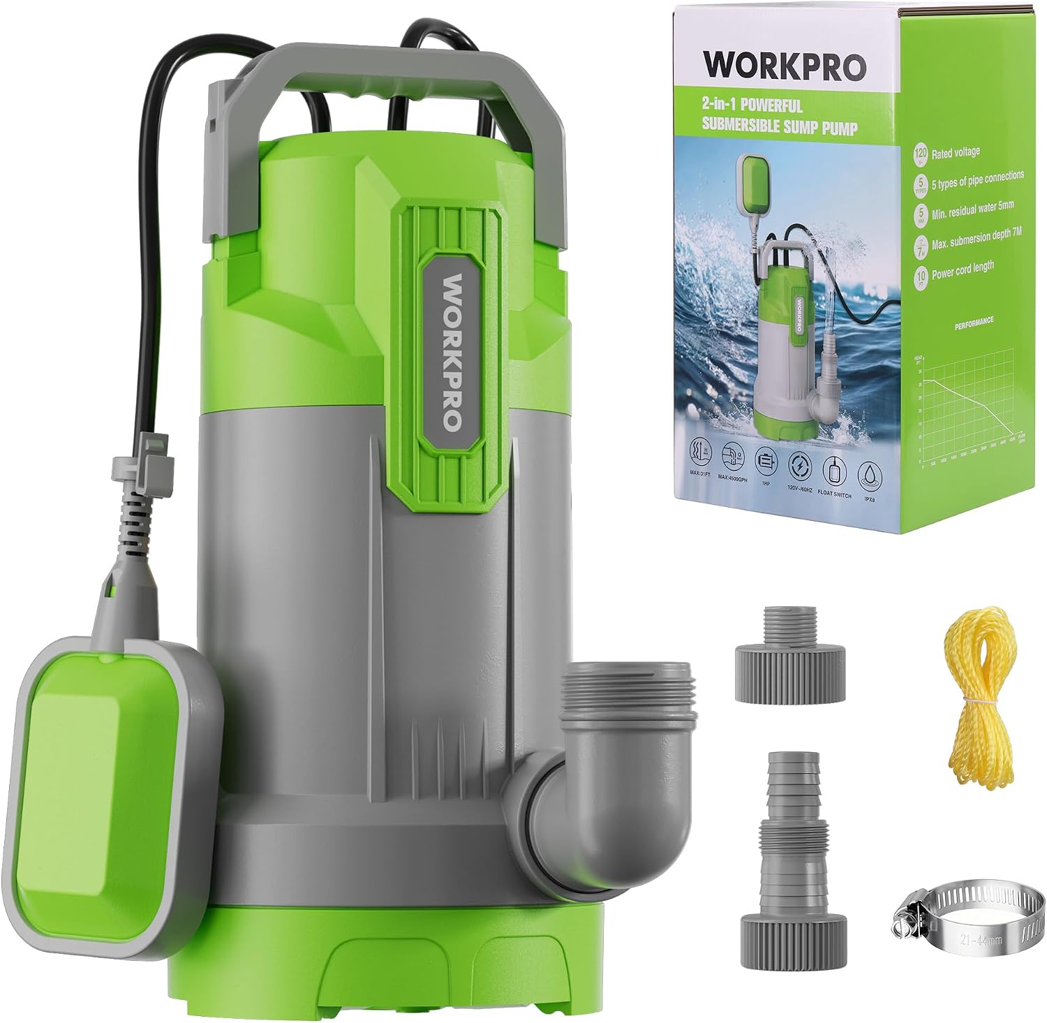 WORKPRO 1HP 4500 GPH Submersible Sump Pump with Automatic Float Switch | Handles Clean & Dirty Water, Ideal for Pool Draining, Flooded Basements
