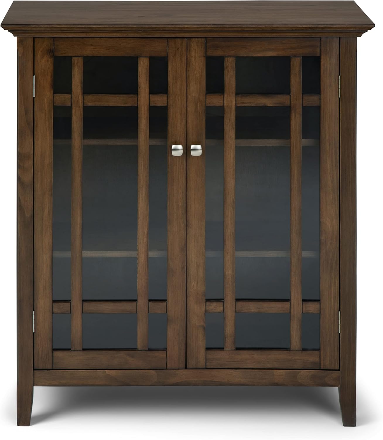 SIMPLIHOME Bedford 62" Wide Solid Wood Sideboard in Brunette Brown | Transitional low media console with glass doors and storage shelves for the living room, entryway or dining room.